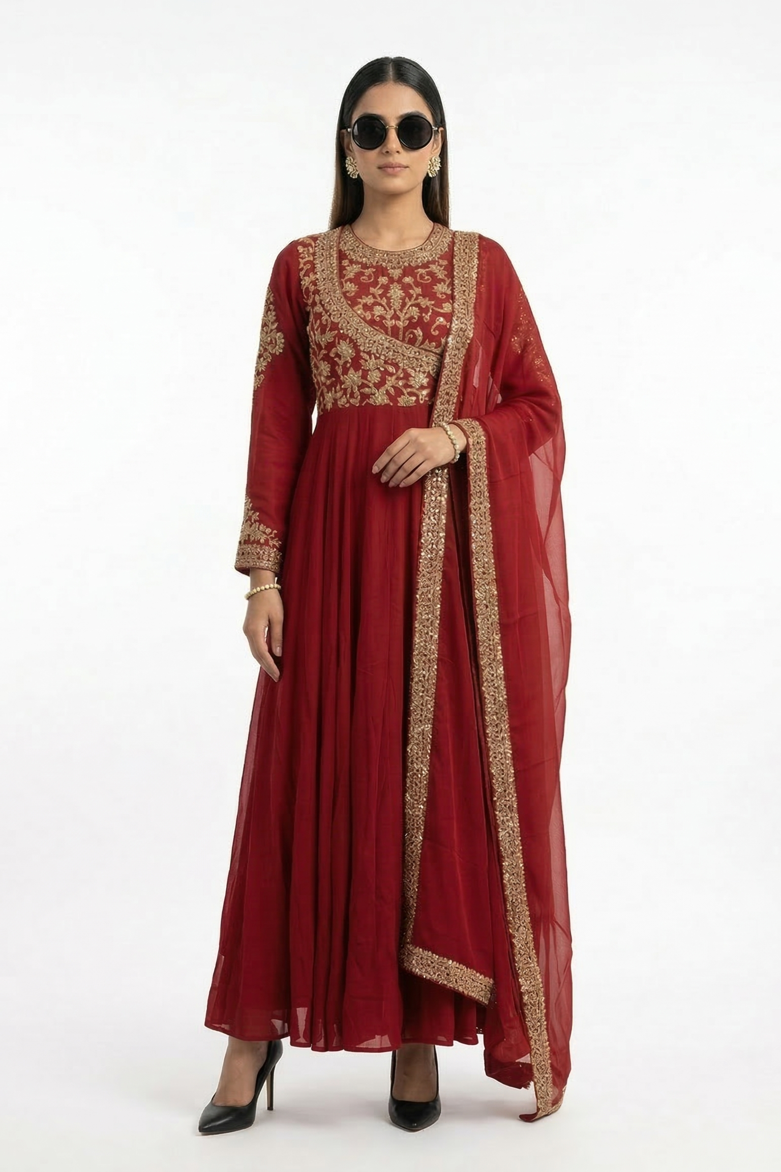 Red Meadow Embellished Raw Silk Anarkali Set