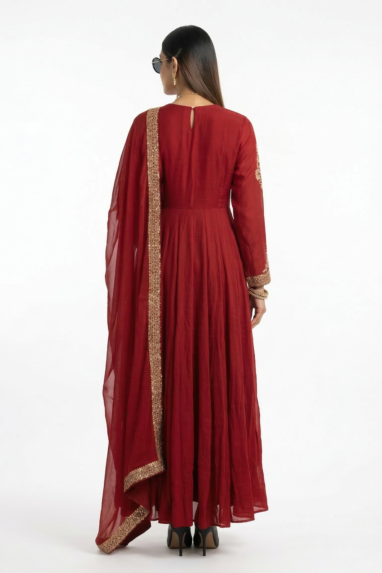 Red Meadow Embellished Raw Silk Anarkali Set