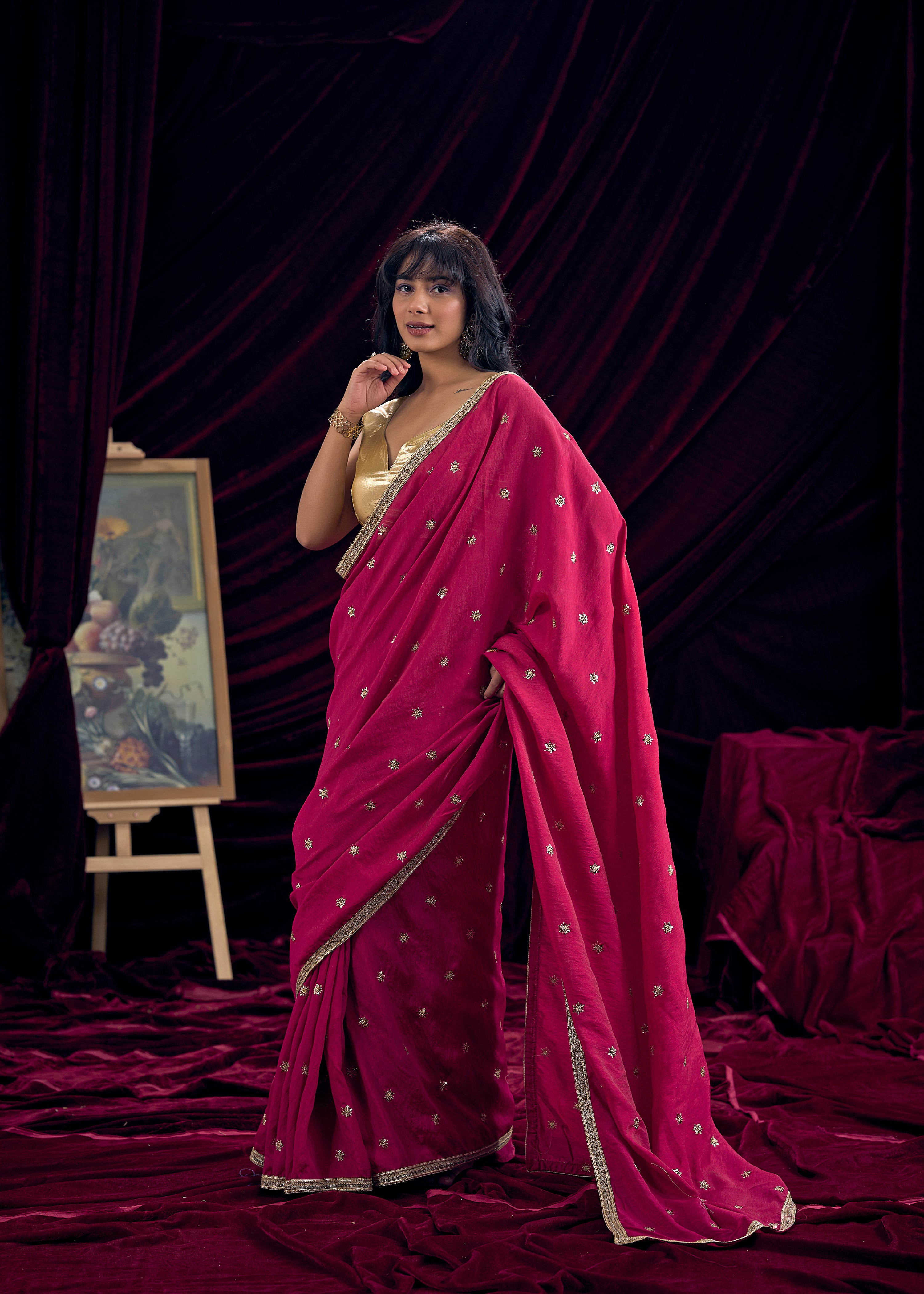 Gilded Magenta Embellished Premium Silk Saree