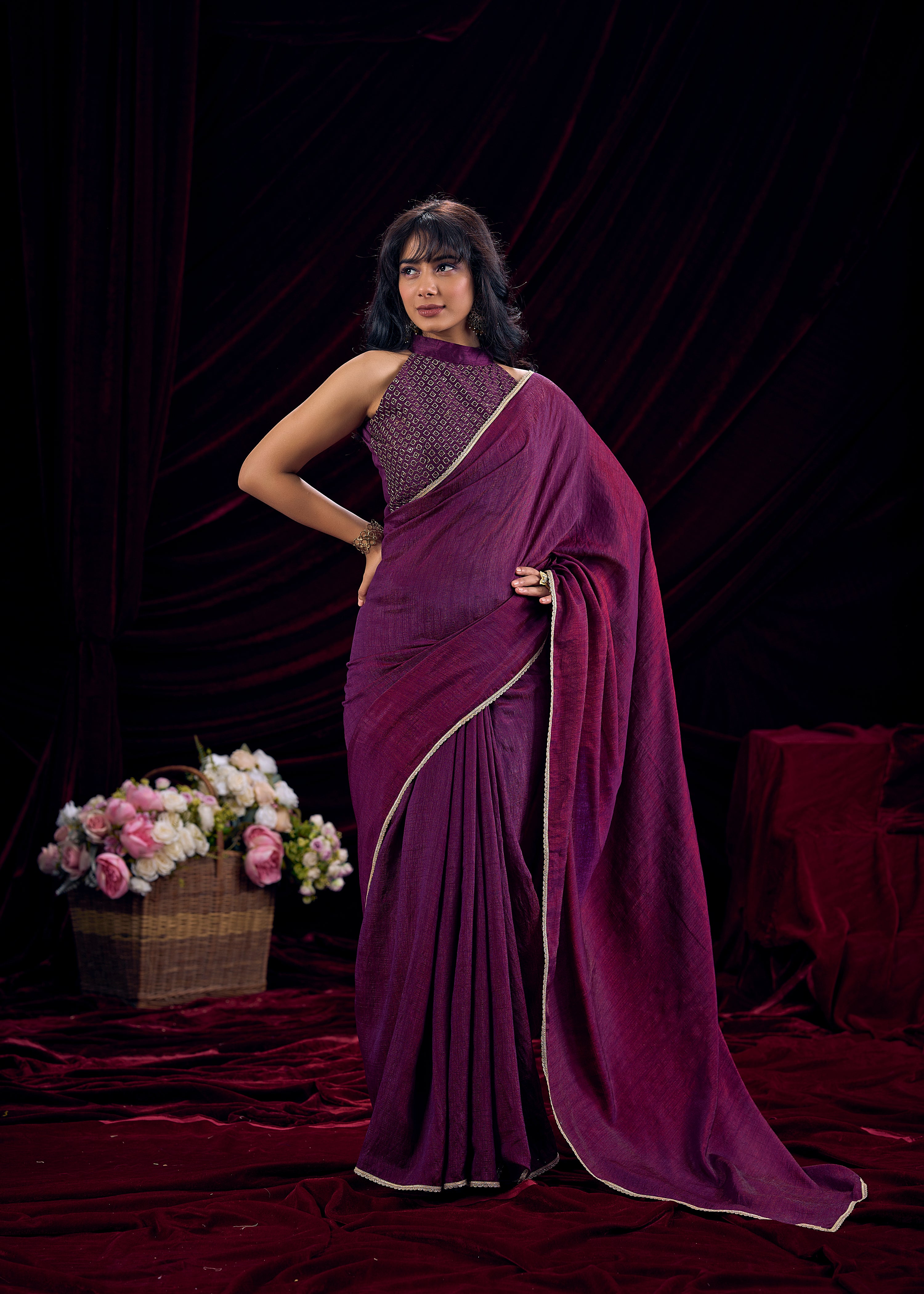 Midnight Plum Embroidered Premium Silk Saree