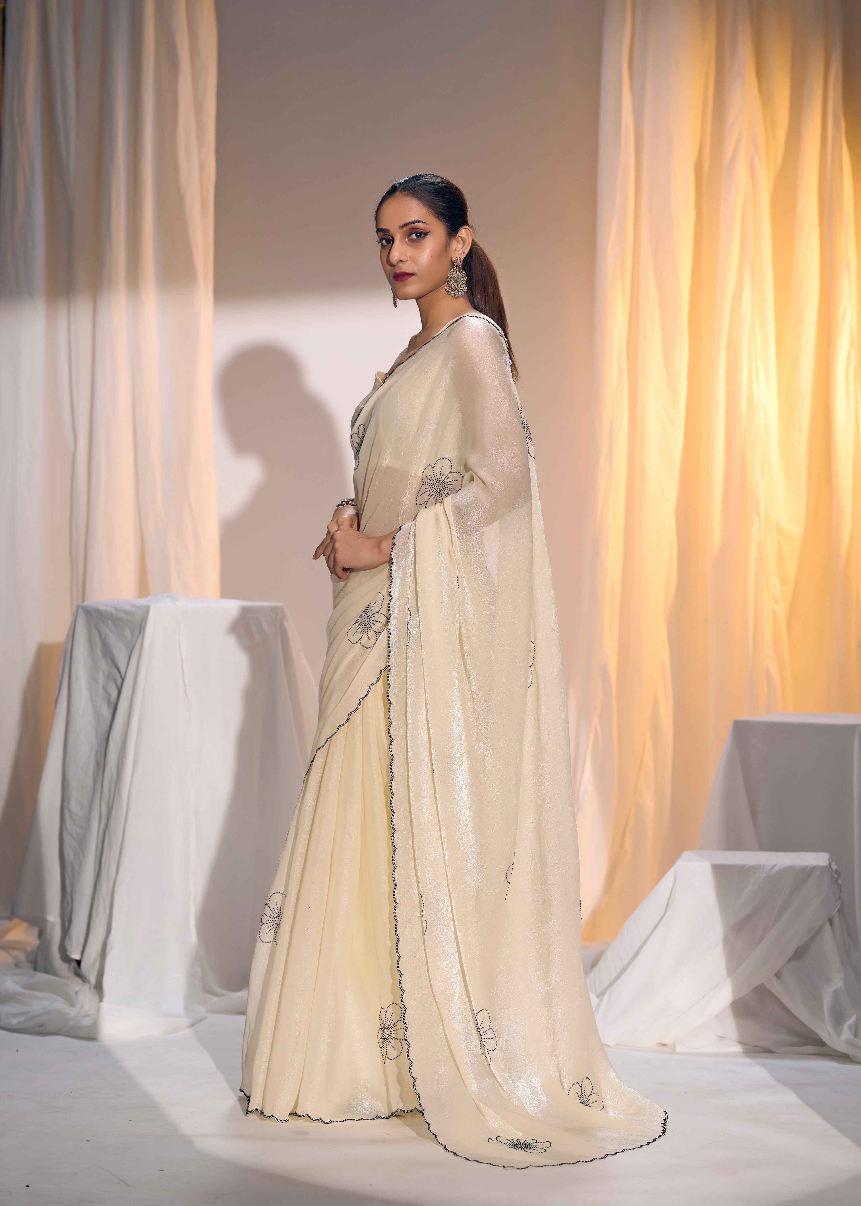 Celestial Cream Embellished Organza Silk Saree