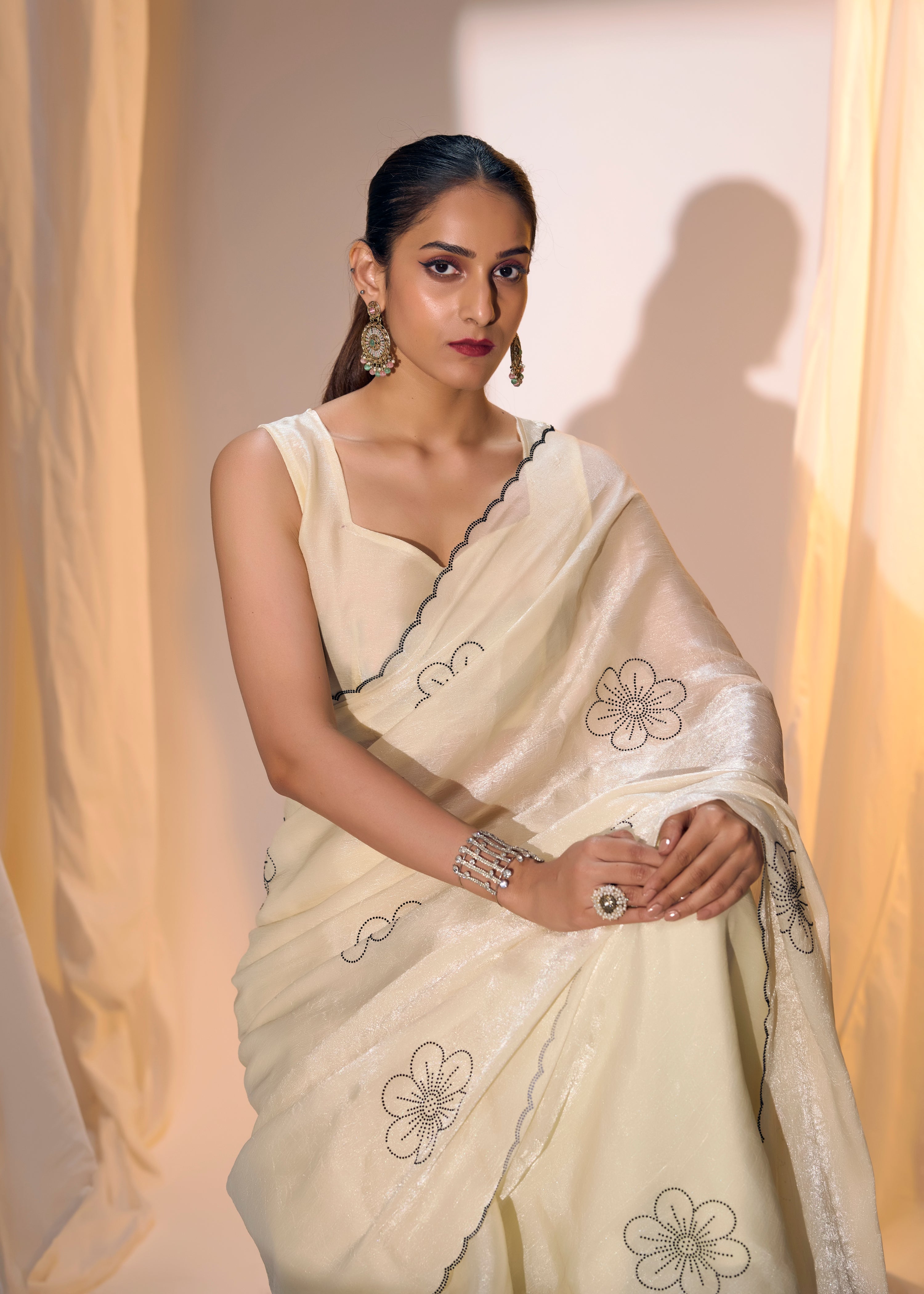 Celestial Cream Embellished Organza Silk Saree