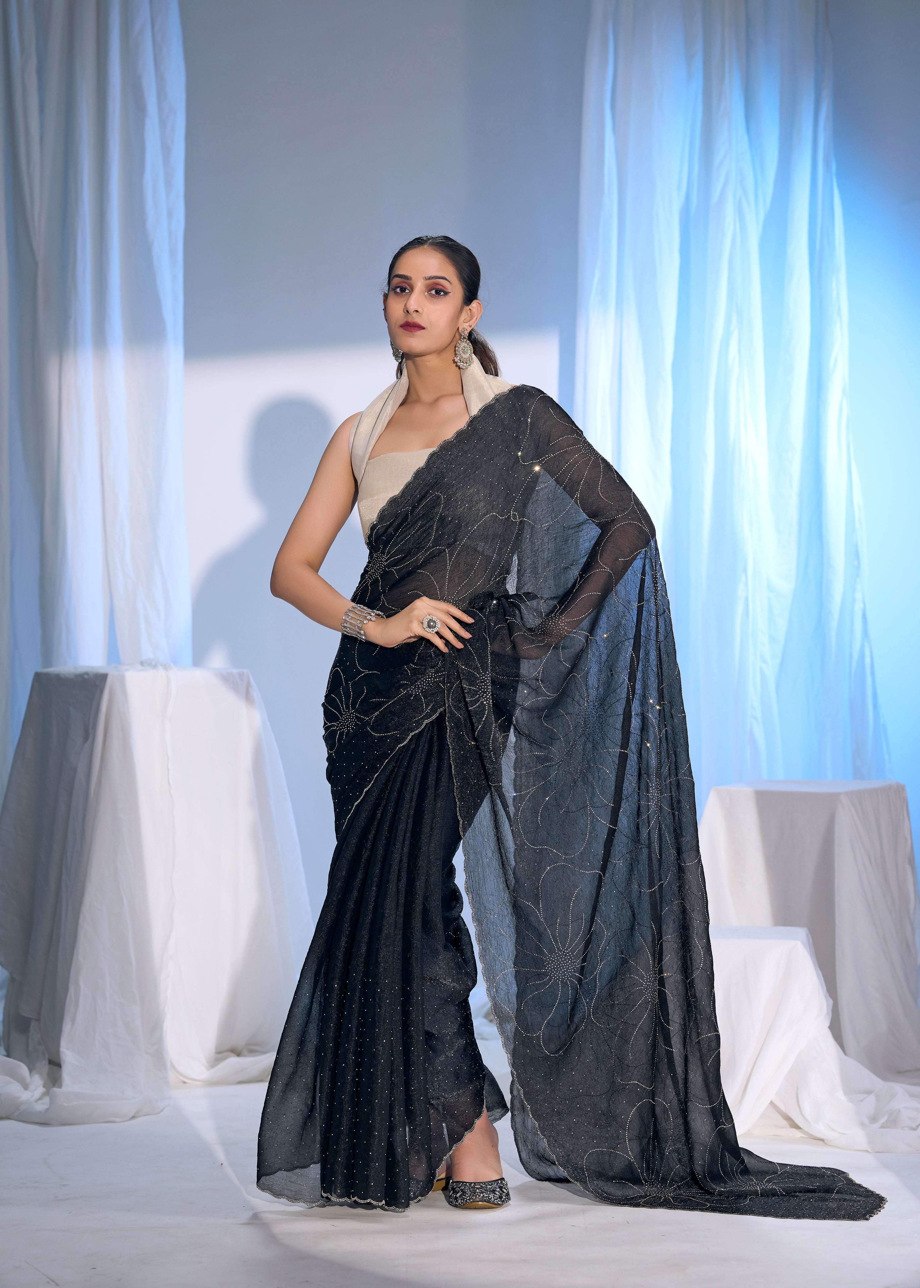 Black Noir Embellished Georgette Silk Saree
