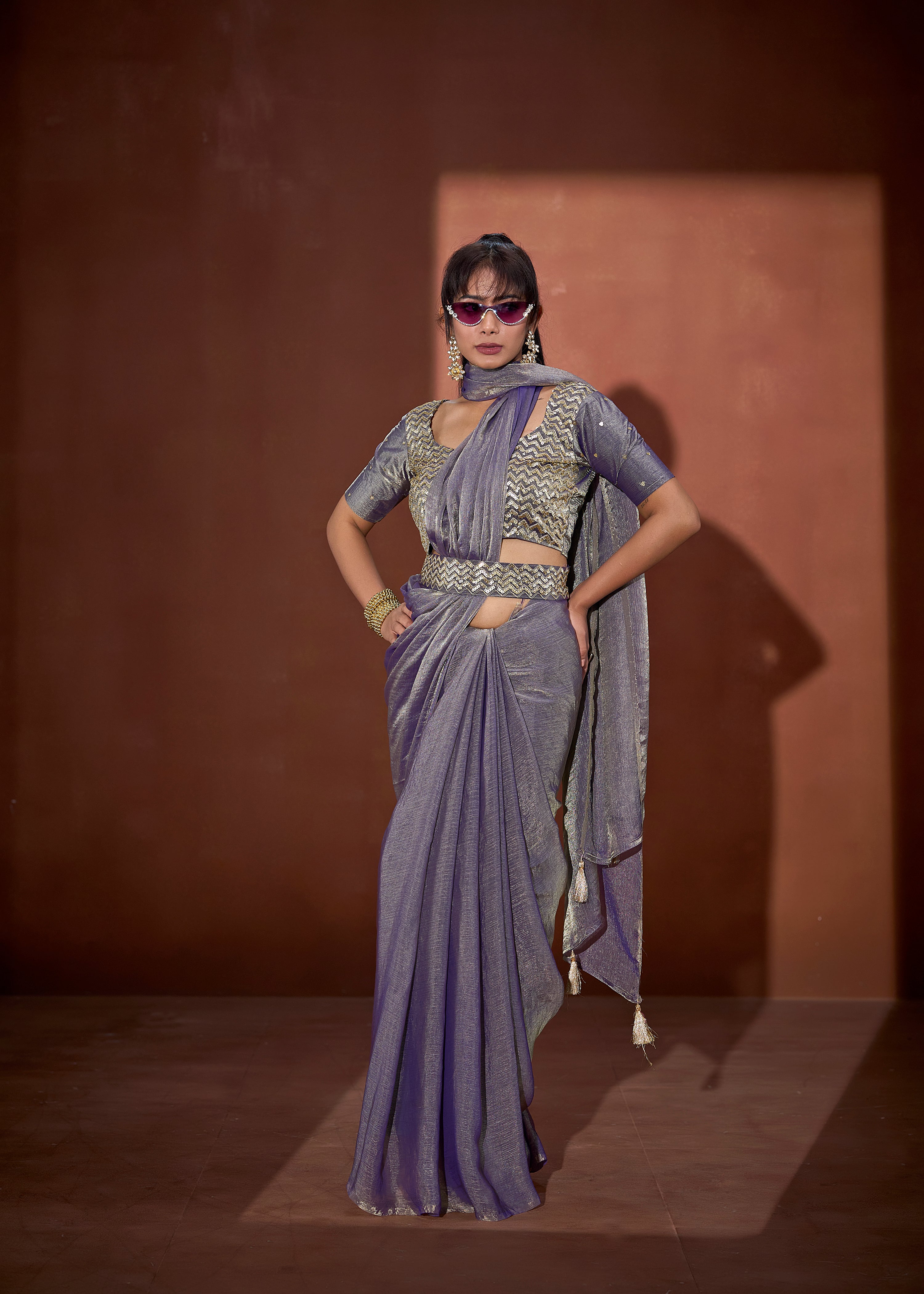 Lilac Shimmer Embellished Premium Silk Saree