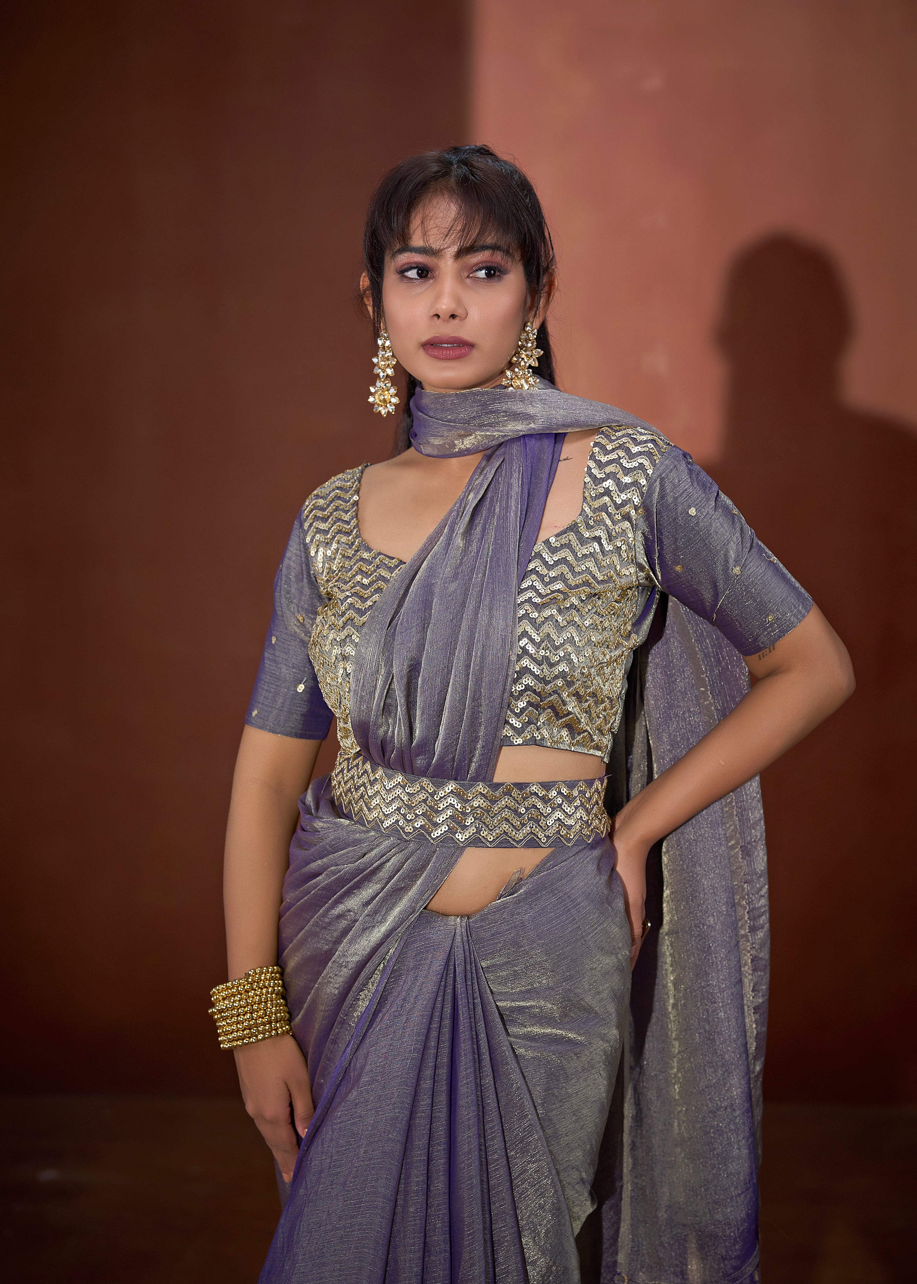 Lilac Shimmer Embellished Premium Silk Saree