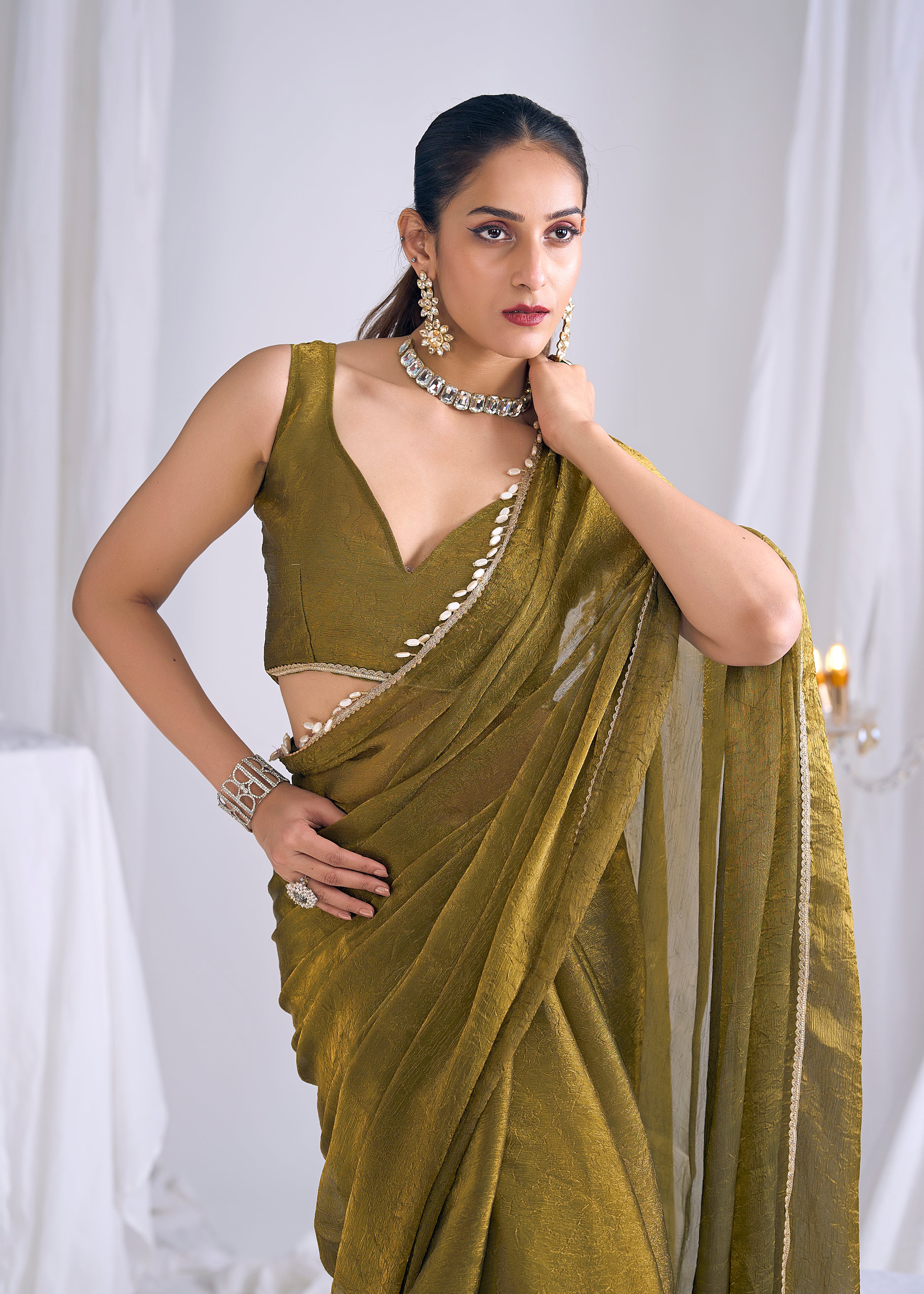 Olive Gold Embellished Premium Silk Saree