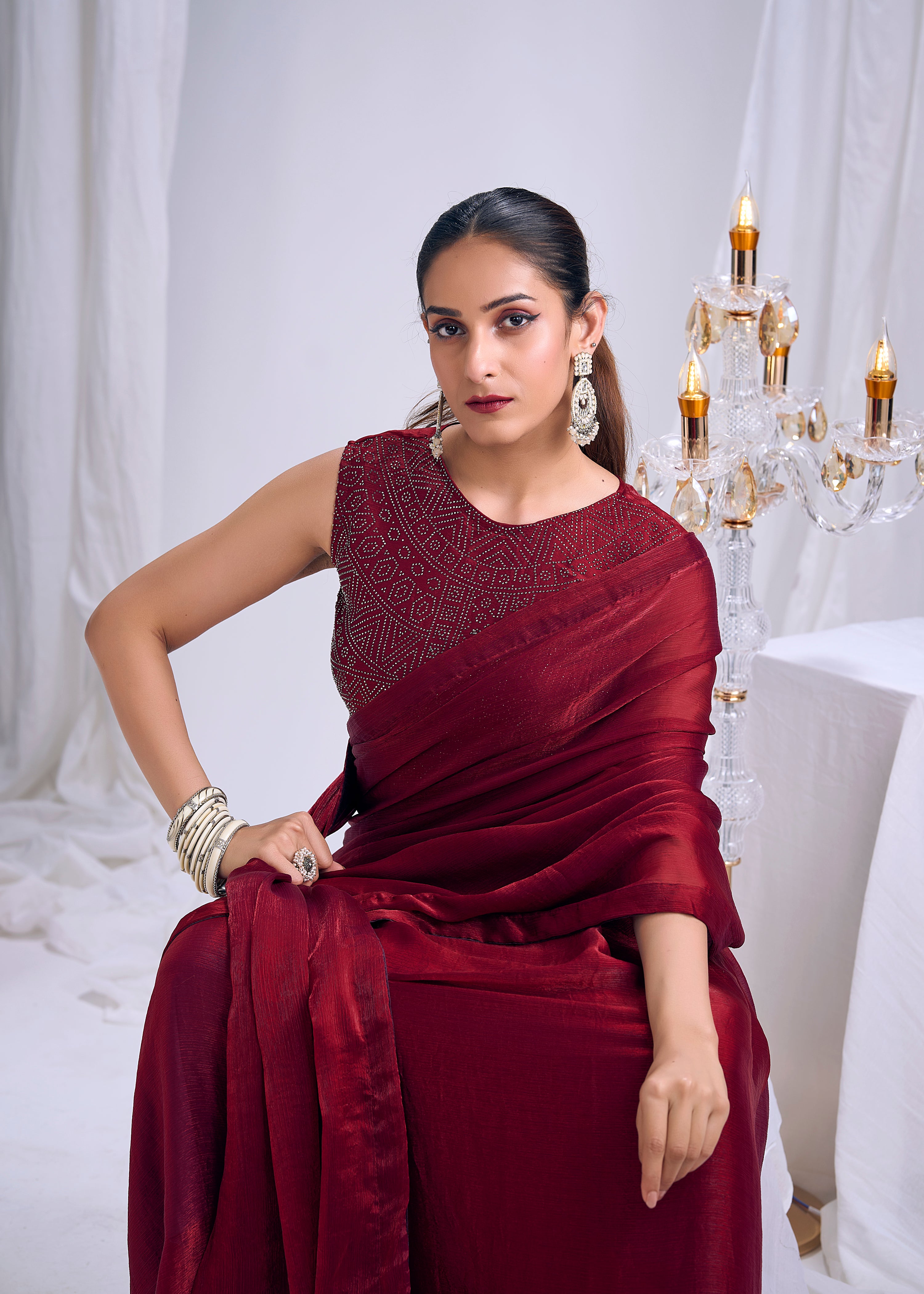 Crimson Shimmer Embellished Satin Silk Saree