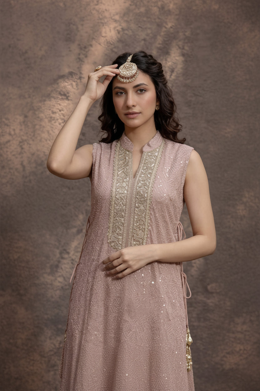 Nude Rose Embellished Shimmer Tissue Silk Co-Ord Set