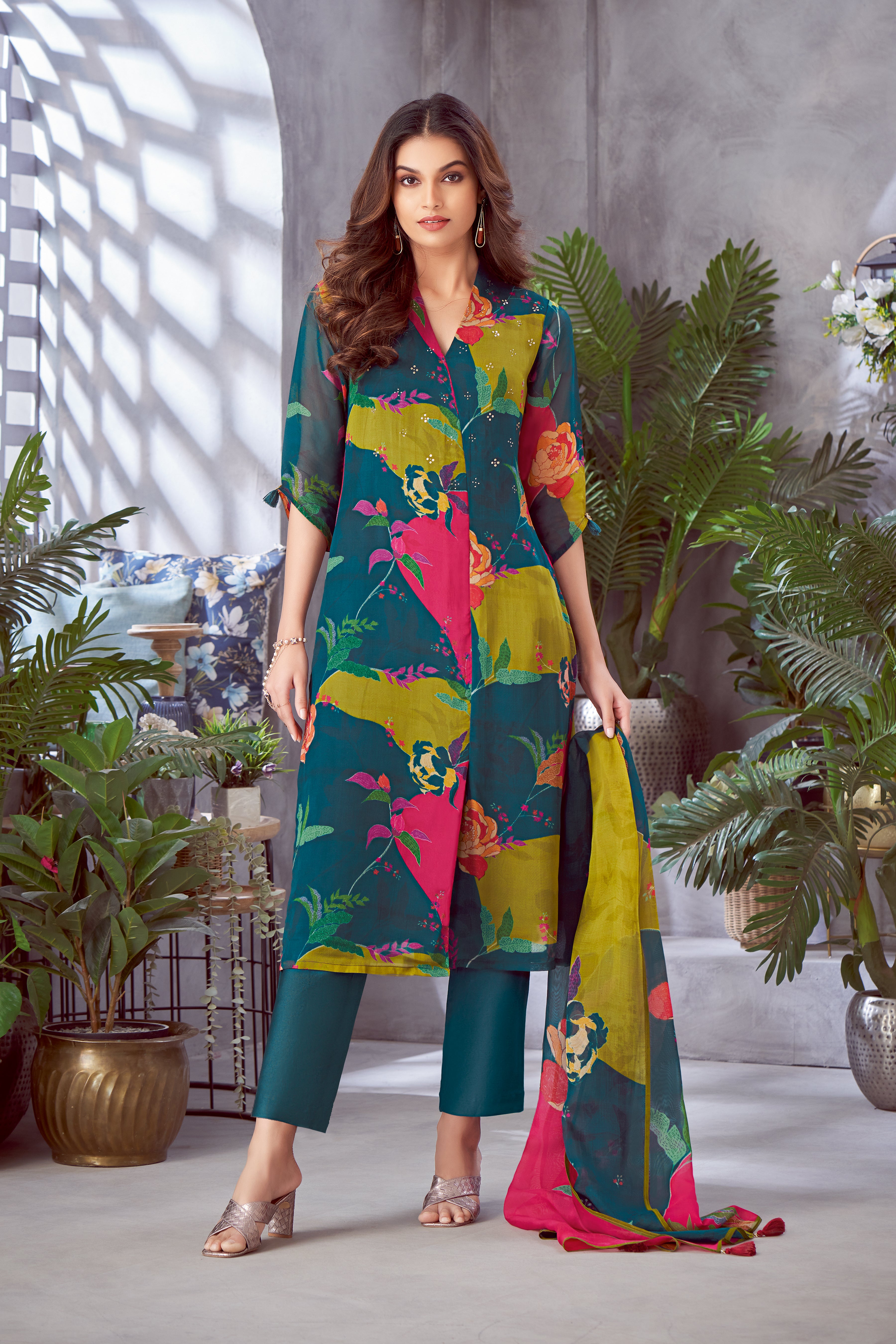 Teal Floral Printed Organza Silk Kurta Pant Set