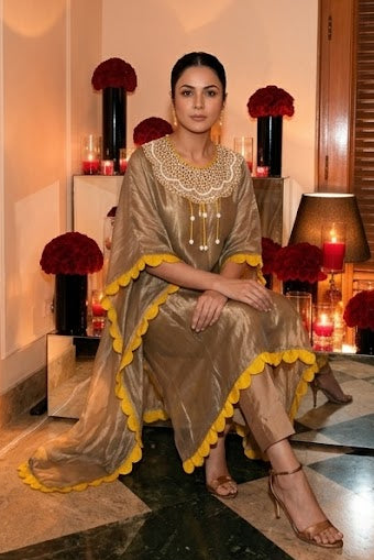 Yellow Shine Embellished Shimmer Tissue Silk Kaftan Set