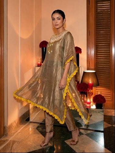 Yellow Shine Embellished Shimmer Tissue Silk Kaftan Set