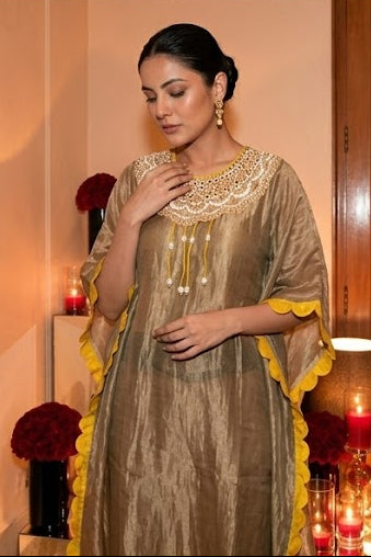 Yellow Shine Embellished Shimmer Tissue Silk Kaftan Set
