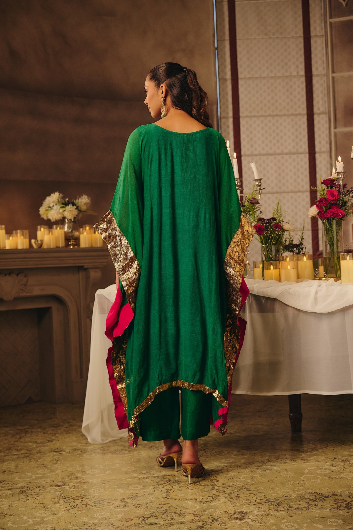Dark Green Lace Emebellished Chinon Silk Kaftan Set