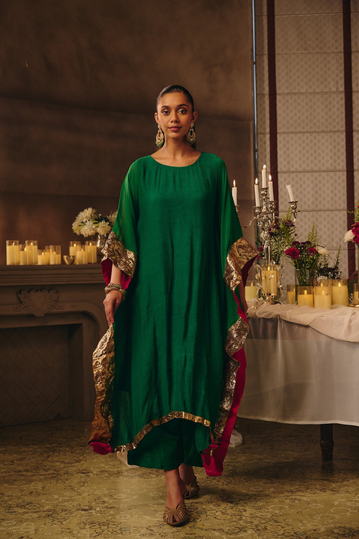 Dark Green Lace Emebellished Chinon Silk Kaftan Set