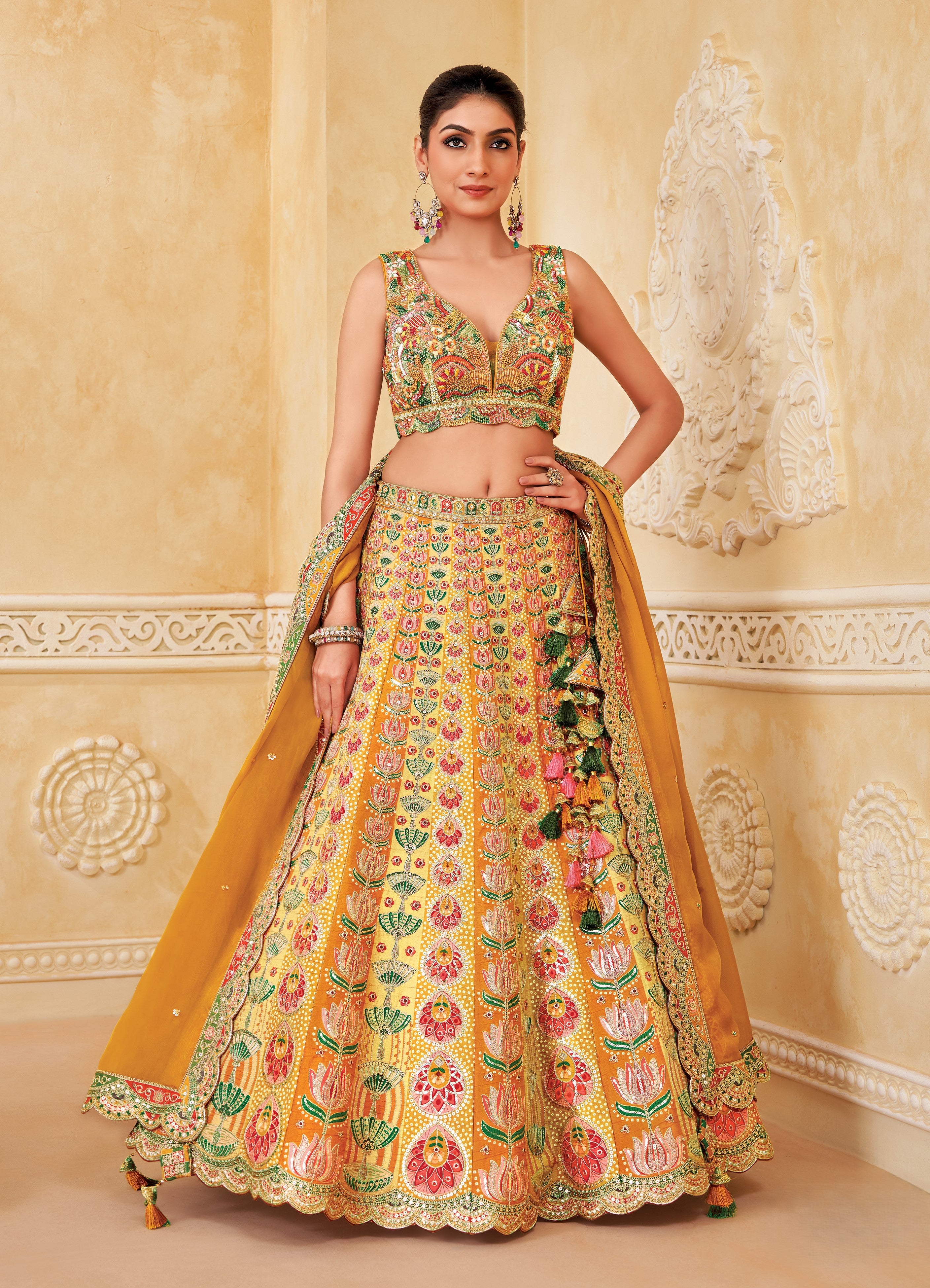 Mustard Yellow Embellished Brocade Silk Lehenga Set