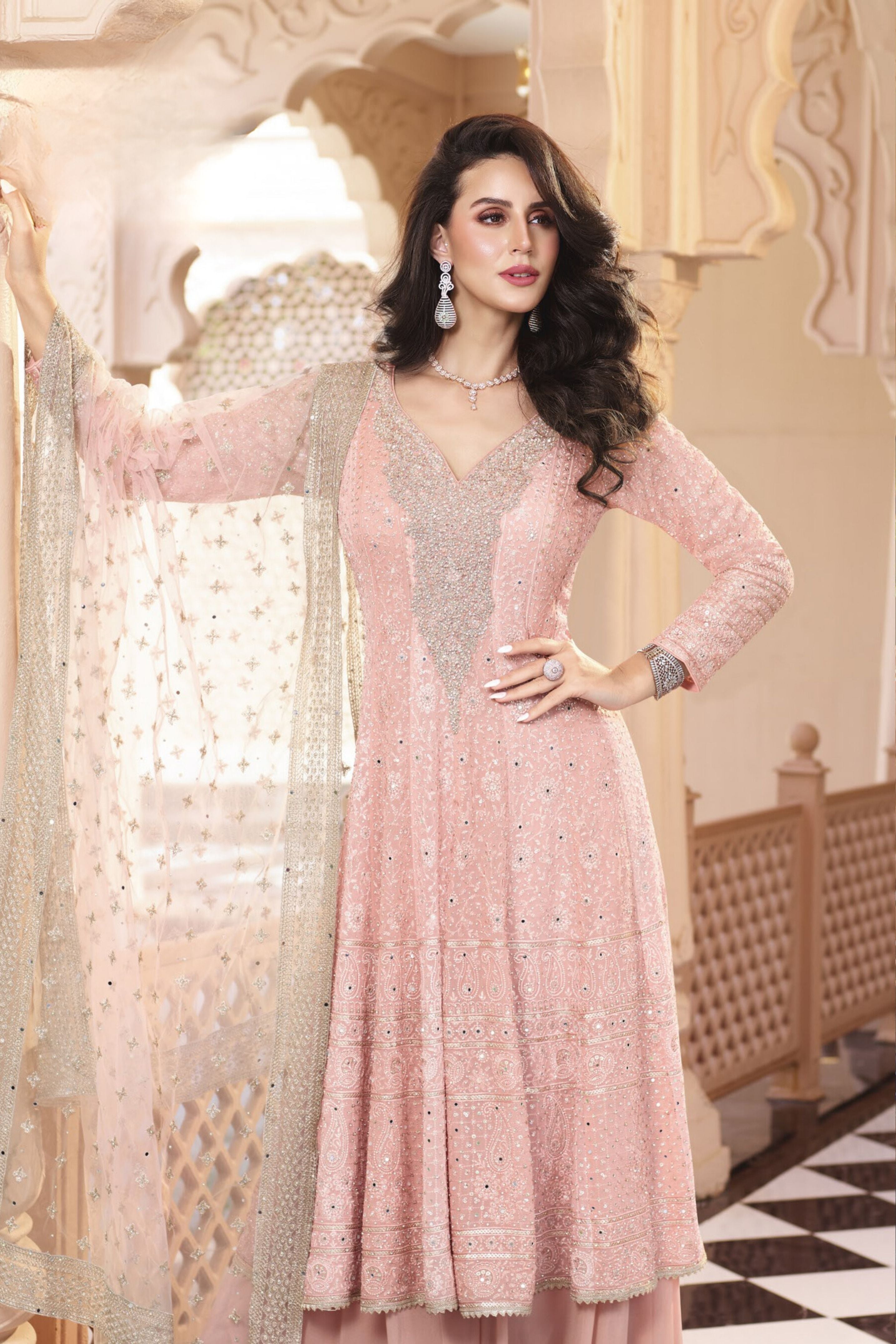 Pink Nude Embellished Crystal Georgette Silk Palazzo Set