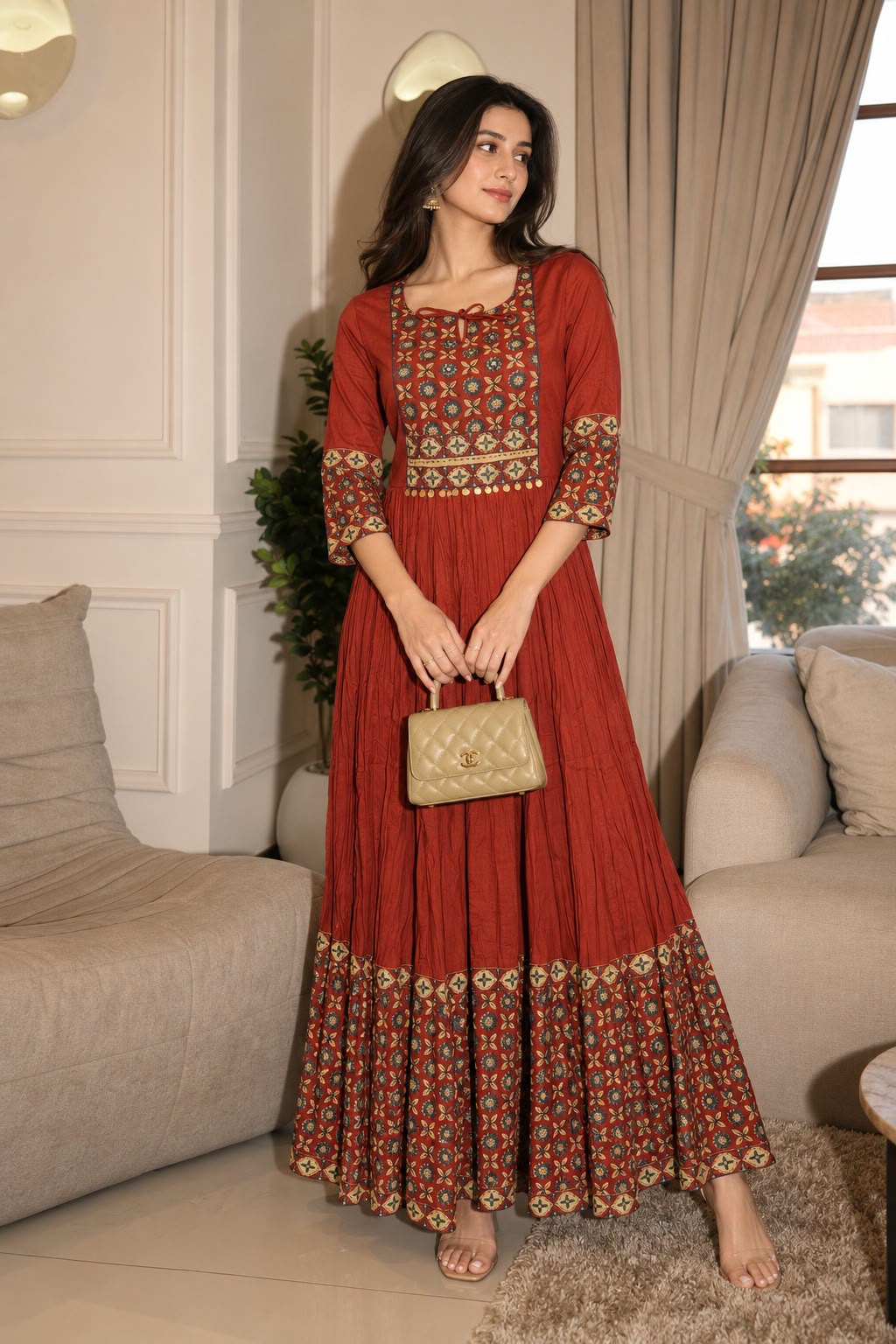 Rust Muse Printed Cotton Anarkali Dress