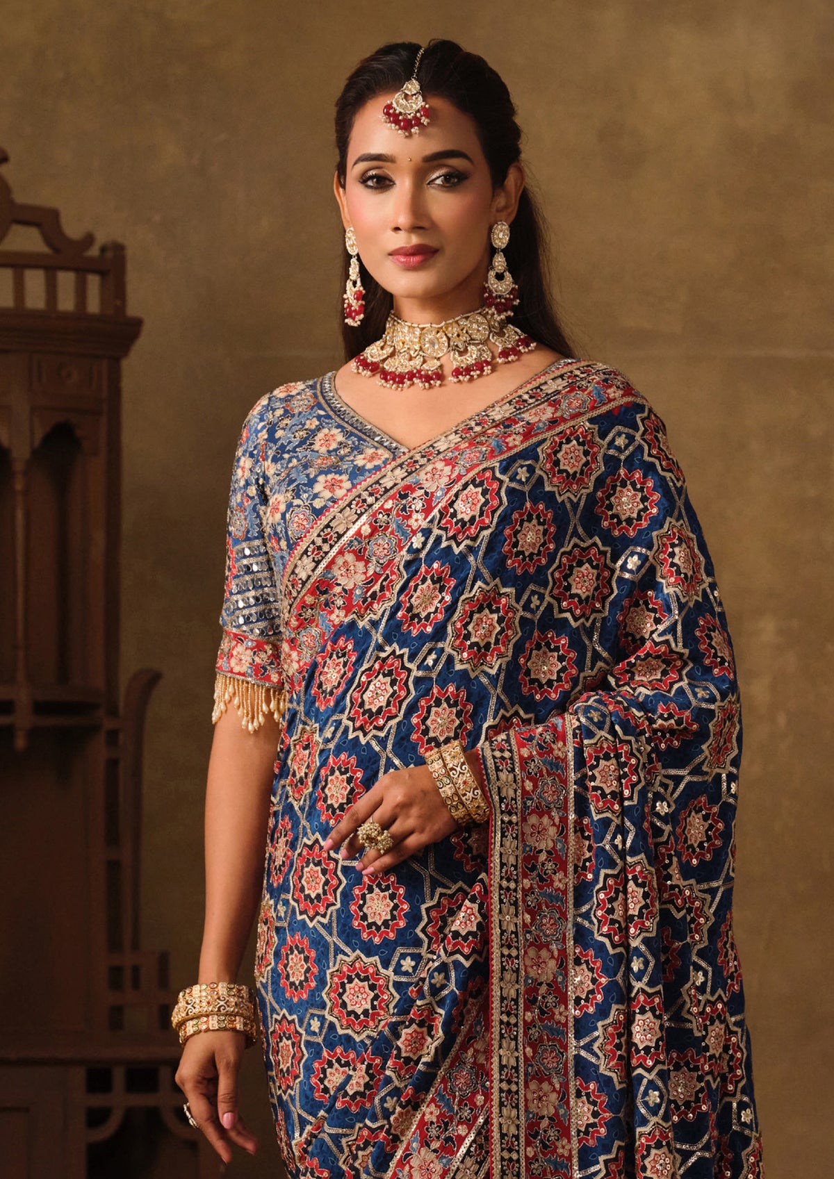 Navy Blue Embellished Natural Crepe Saree