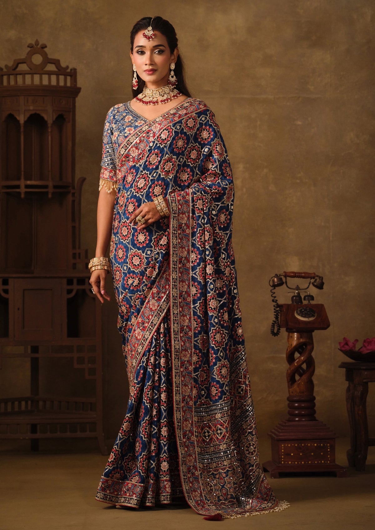 Navy Blue Embellished Natural Crepe Saree