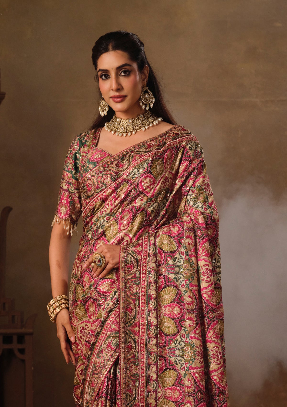 Magenta and Olive Khatli-Embroidered Natural Crepe Saree
