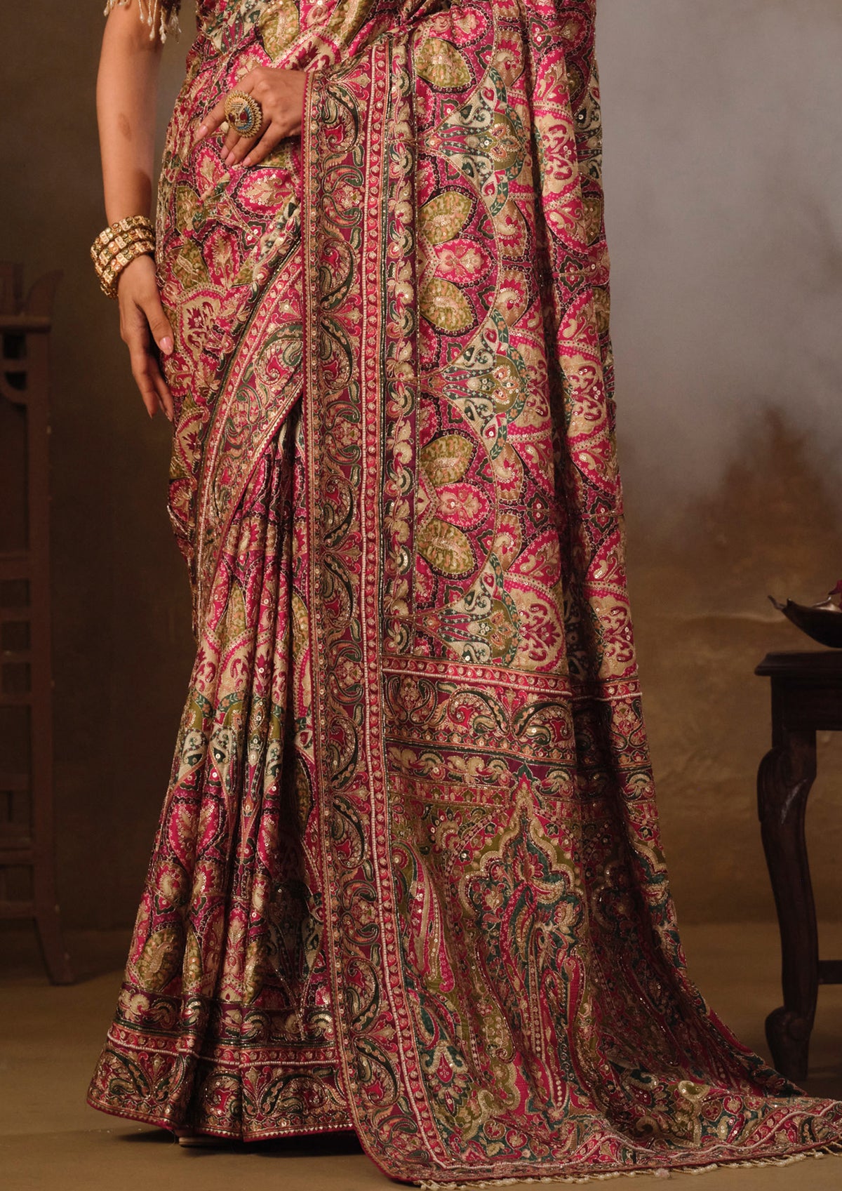 Magenta and Olive Khatli-Embroidered Natural Crepe Saree