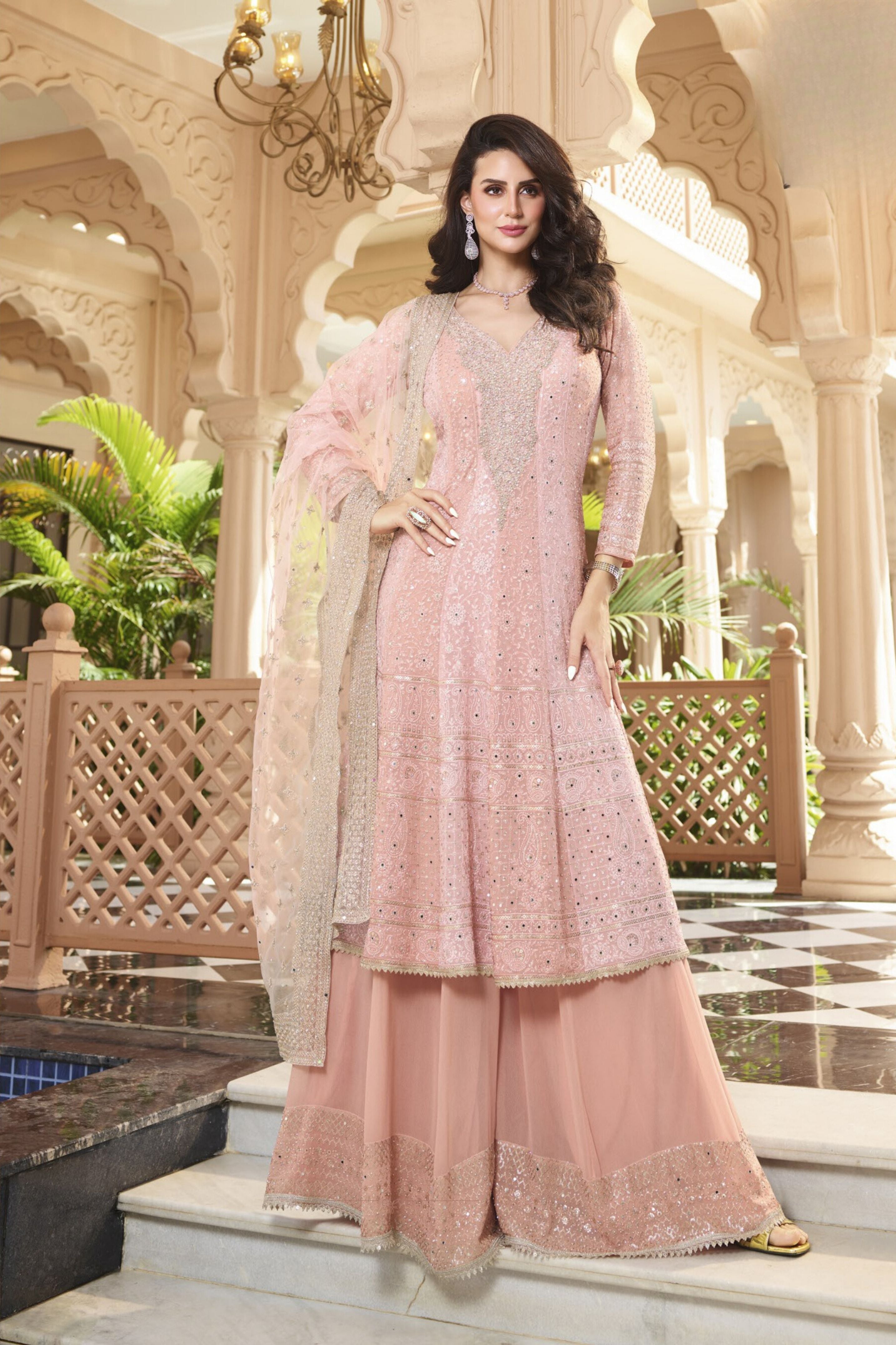 Pink Nude Embellished Crystal Georgette Silk Palazzo Set