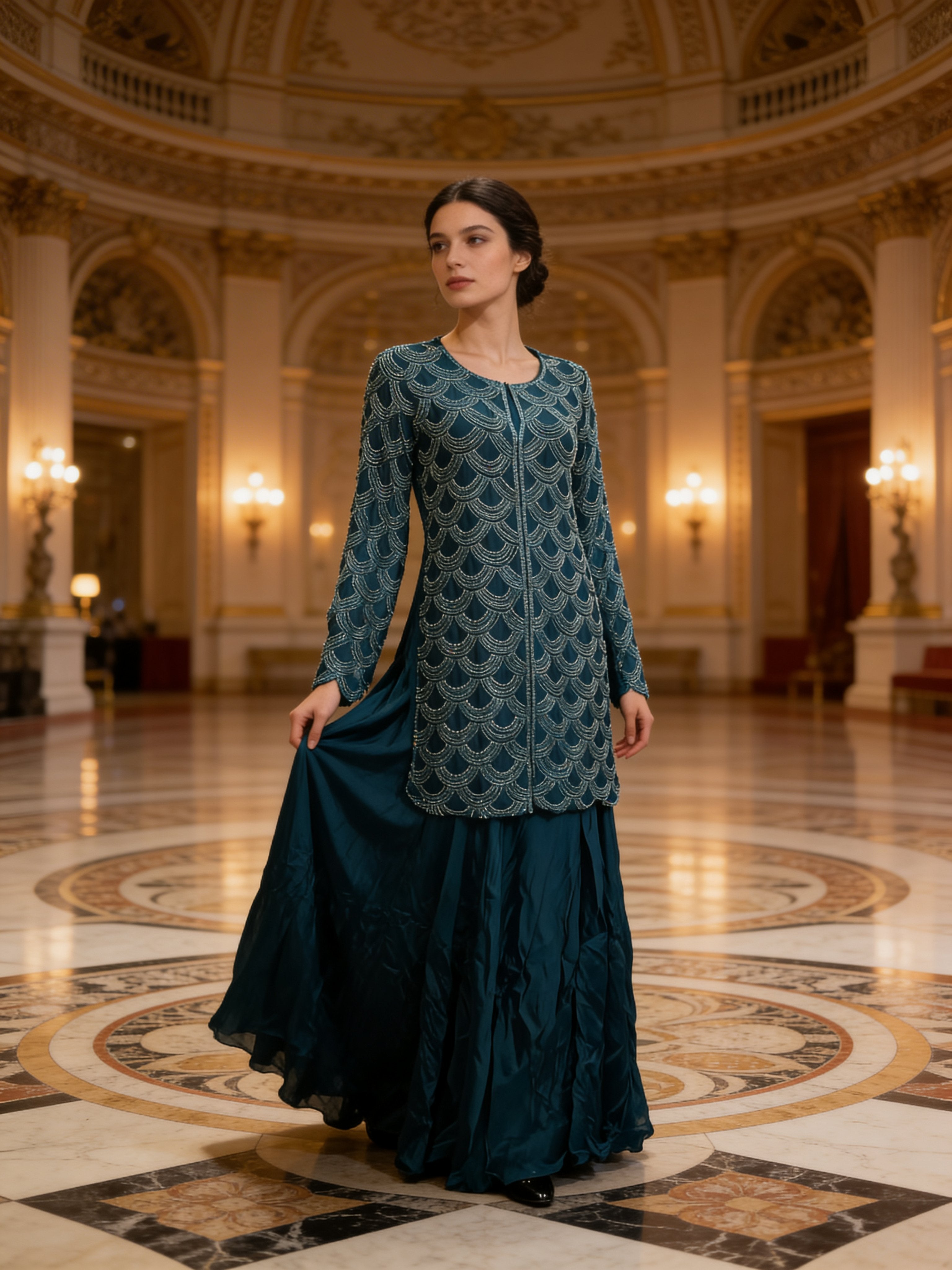 Dark Teal Embellished Crepe Silk Skirt Set
