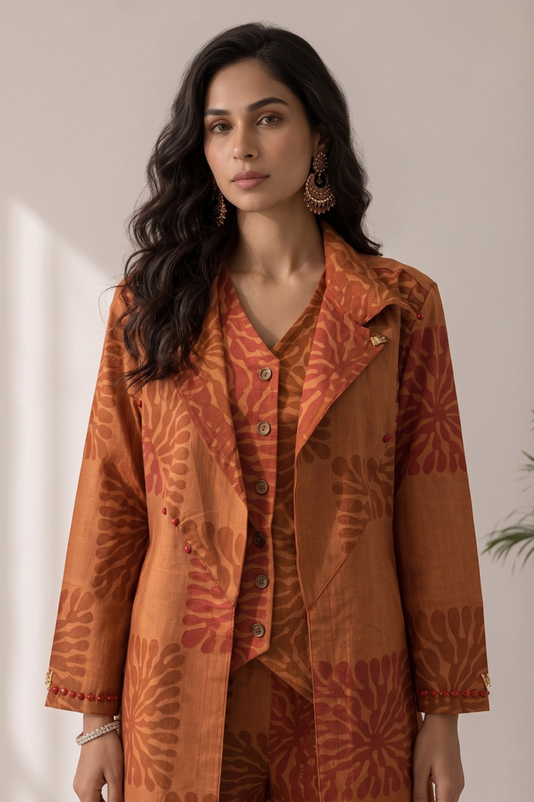 Muted Orange Printed Cotton Khadi Jacket Co-Ord Set