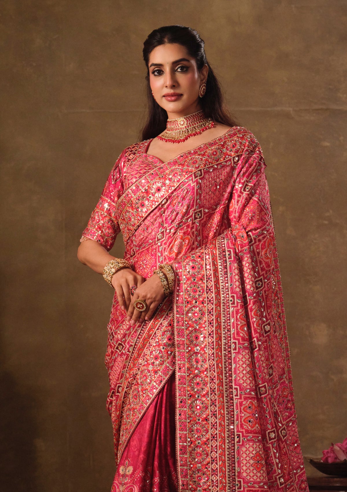Rani Pink Khatli-Embroidered Natural Crepe Saree