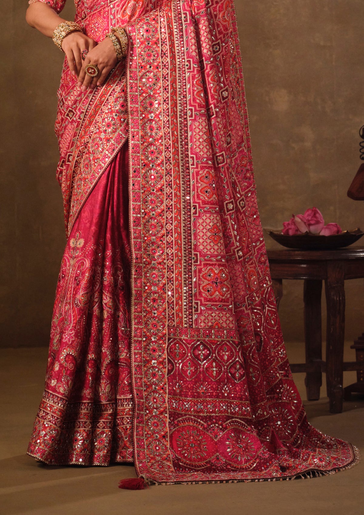 Rani Pink Khatli-Embroidered Natural Crepe Saree
