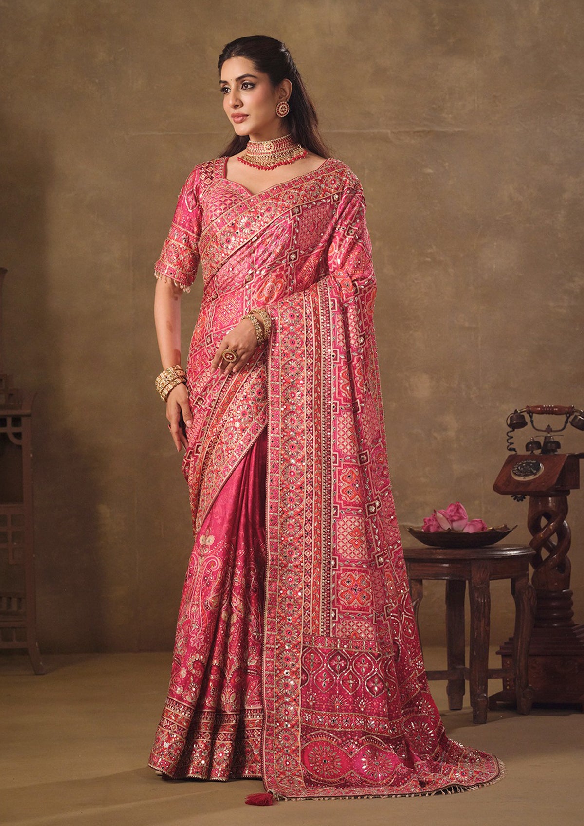 Rani Pink Khatli-Embroidered Natural Crepe Saree