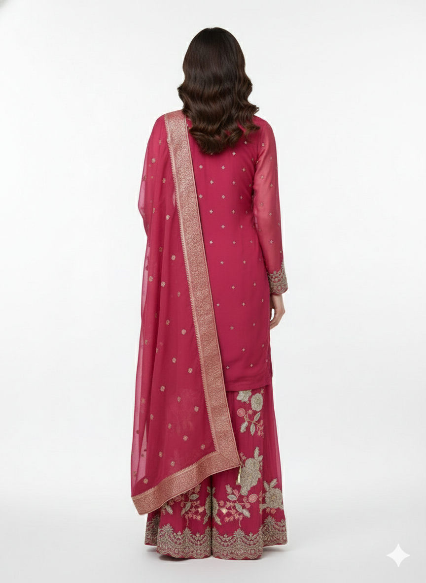 Ruby Pink Embellished Georgette Silk Palazzo set