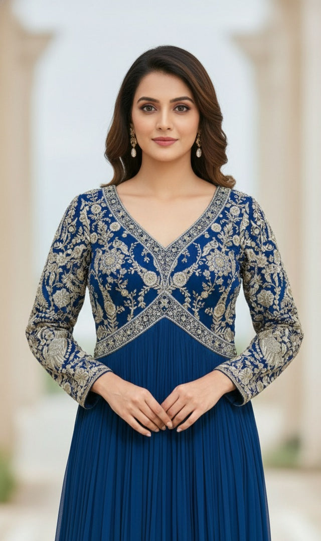 Cobalt Blue Embellished Georgette Silk Gown