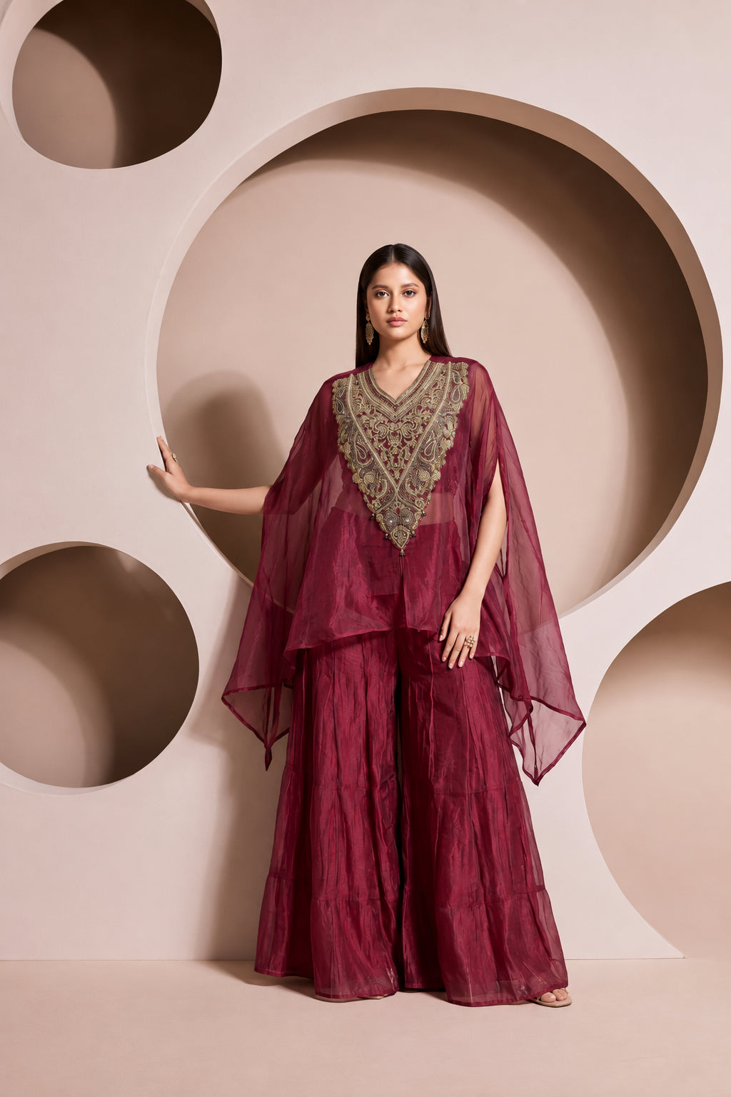 Pink Dual Tone Embellished Shimmer Organza Silk Palazzo Set