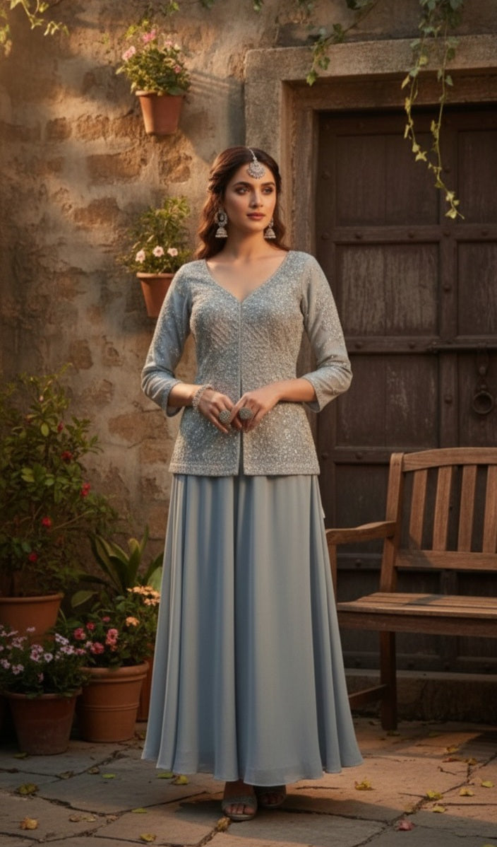 Slate Grey Embellished Georgette Silk Palazzo Set