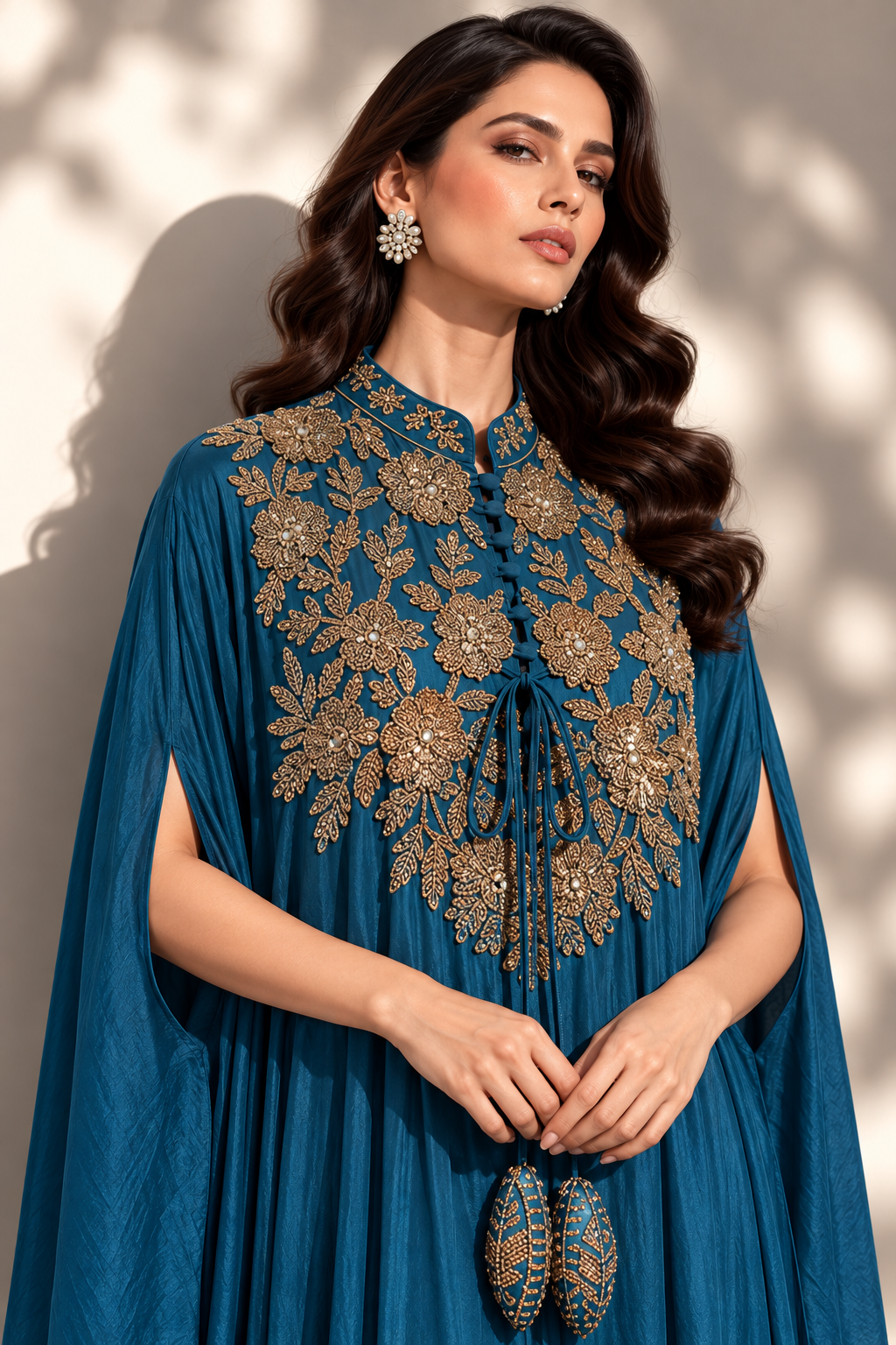 Peacock Blue Embellished Crepe Silk Cape Set