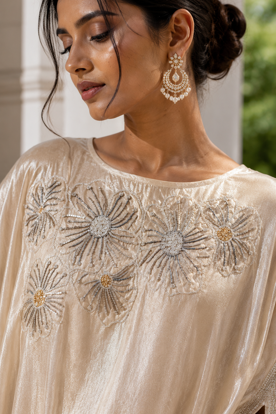Champagne Gold Embellished Crushed Tissue Kaftan Skirt Set