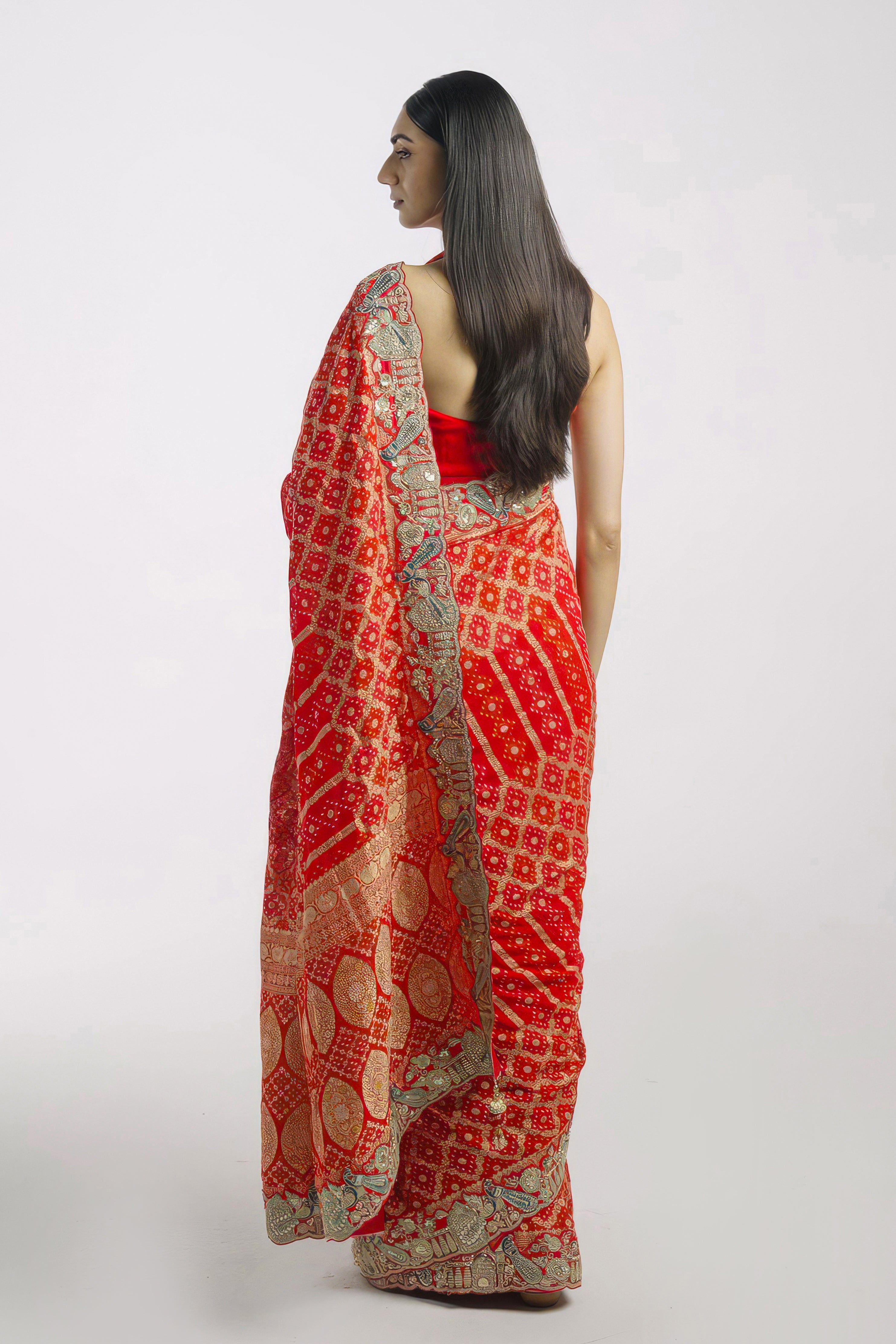 Bright Red Embellished Banarasi Silk Saree
