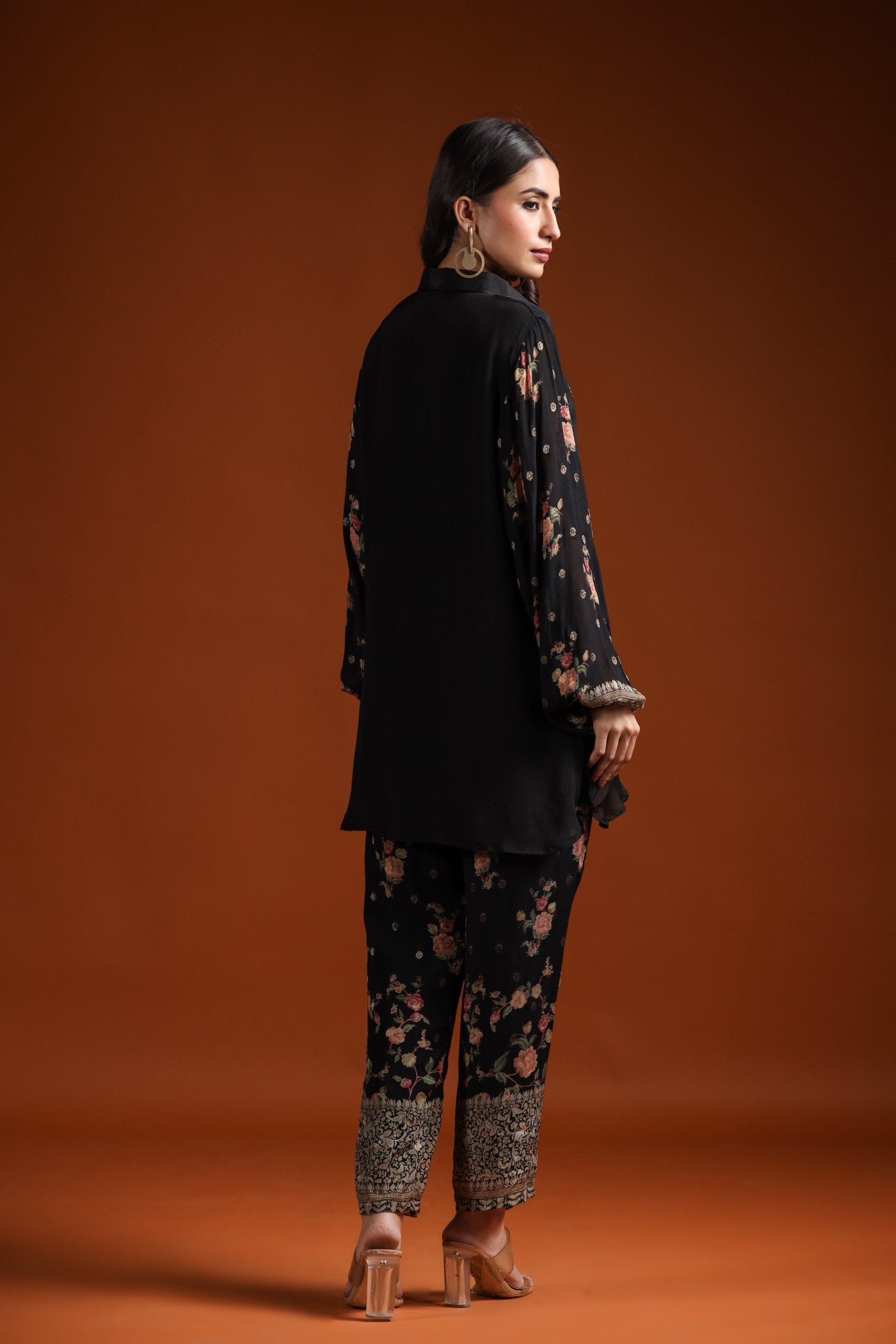 Black Floral Chinon Silk Co-ord Set