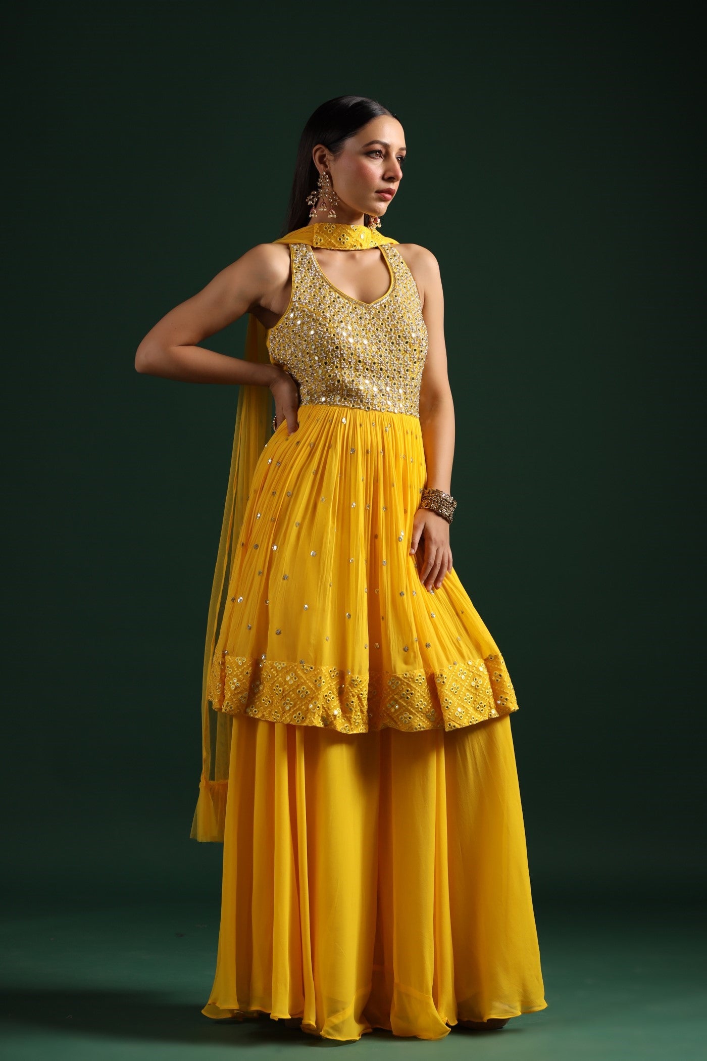 Festive Yellow Mirror Embroidered Peplum Set