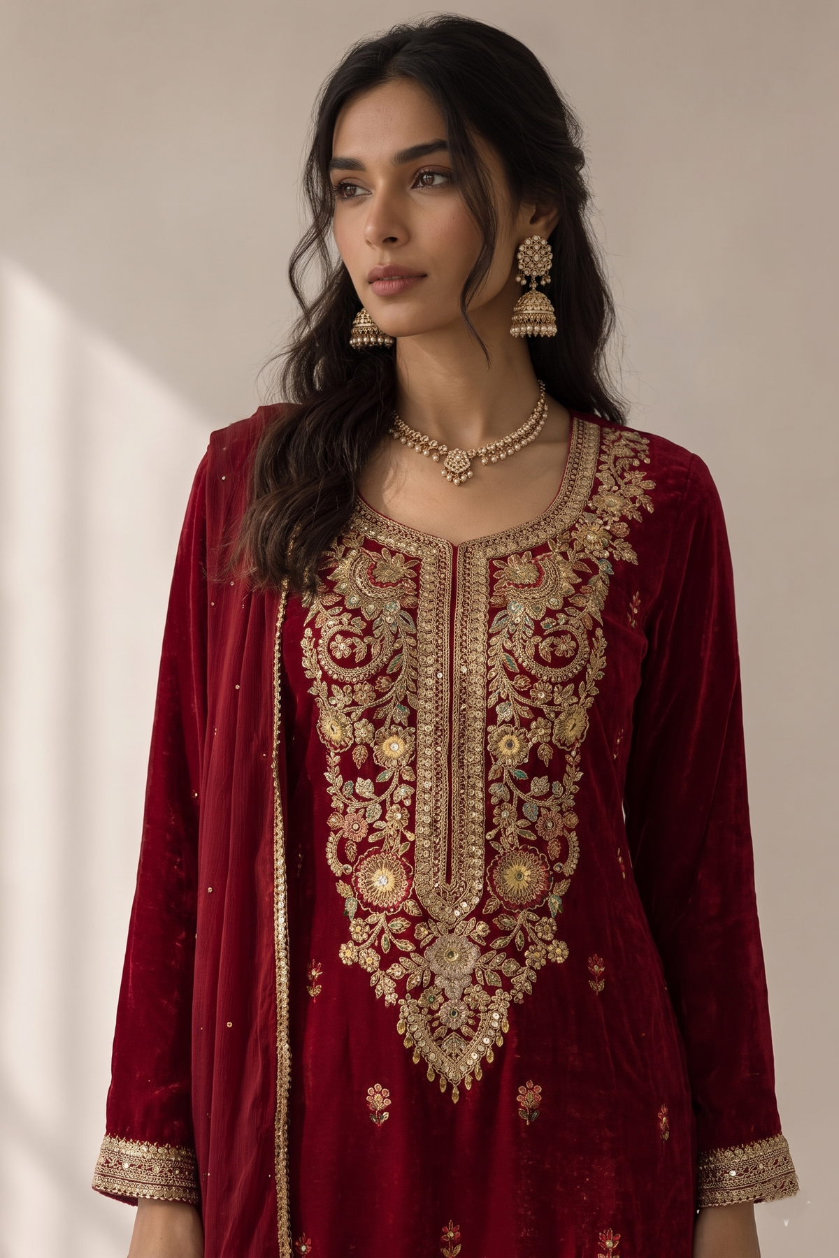 Deep Red Embellished Chinon Silk Palazzo Set