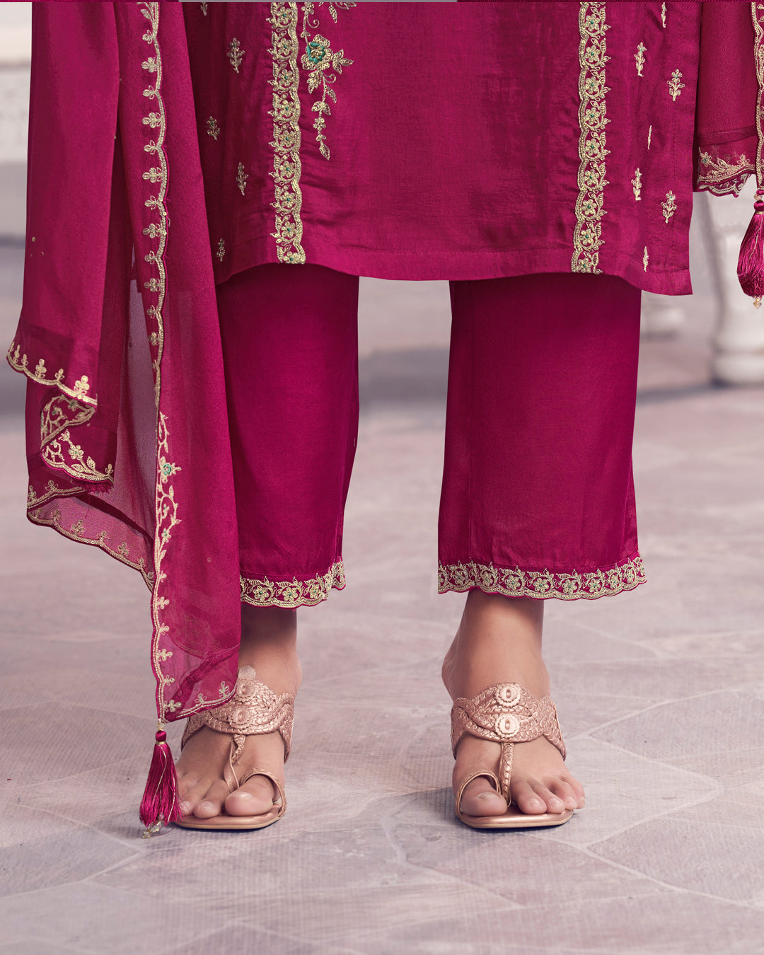 Ruby Charm Embellished Dola Silk Pant Set