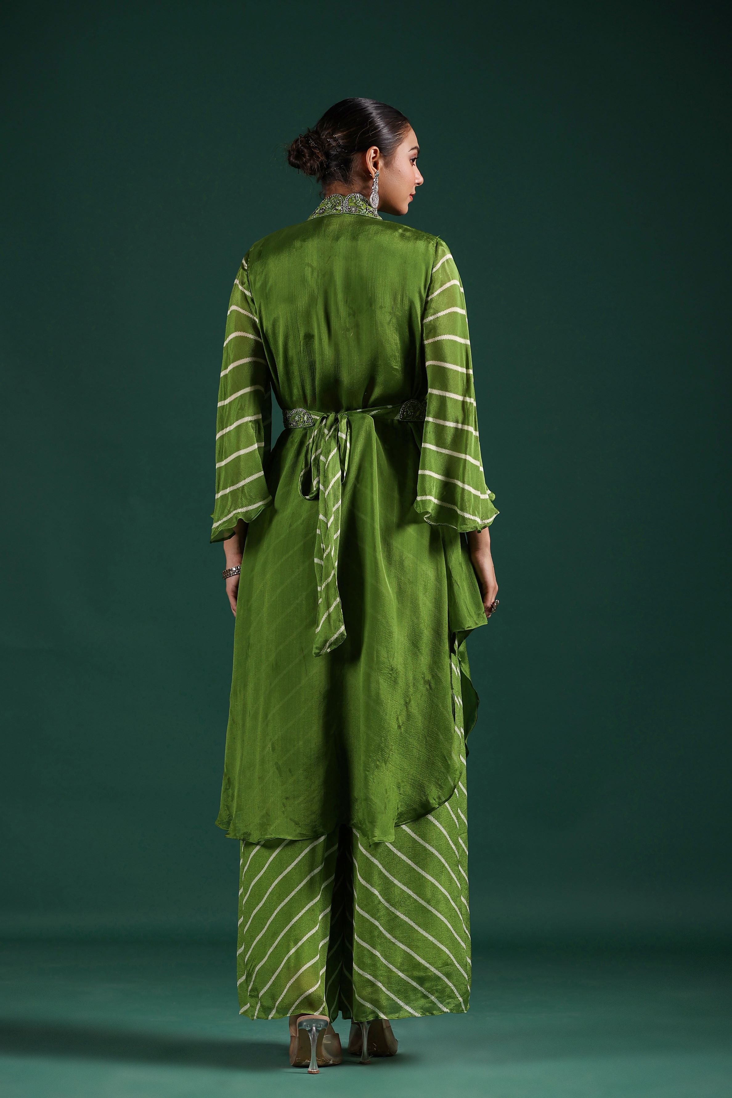 Pear Green Leheria Printed Chinon Silk Cape Set