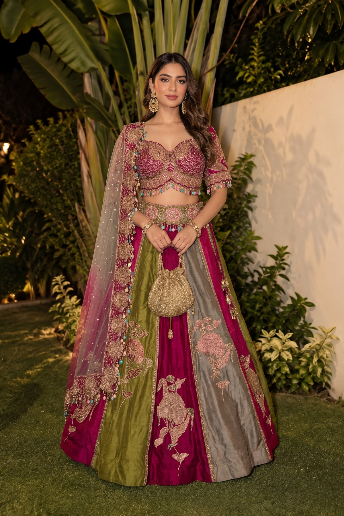 Magenta Moss Embellished Raw Silk Lehenga Set