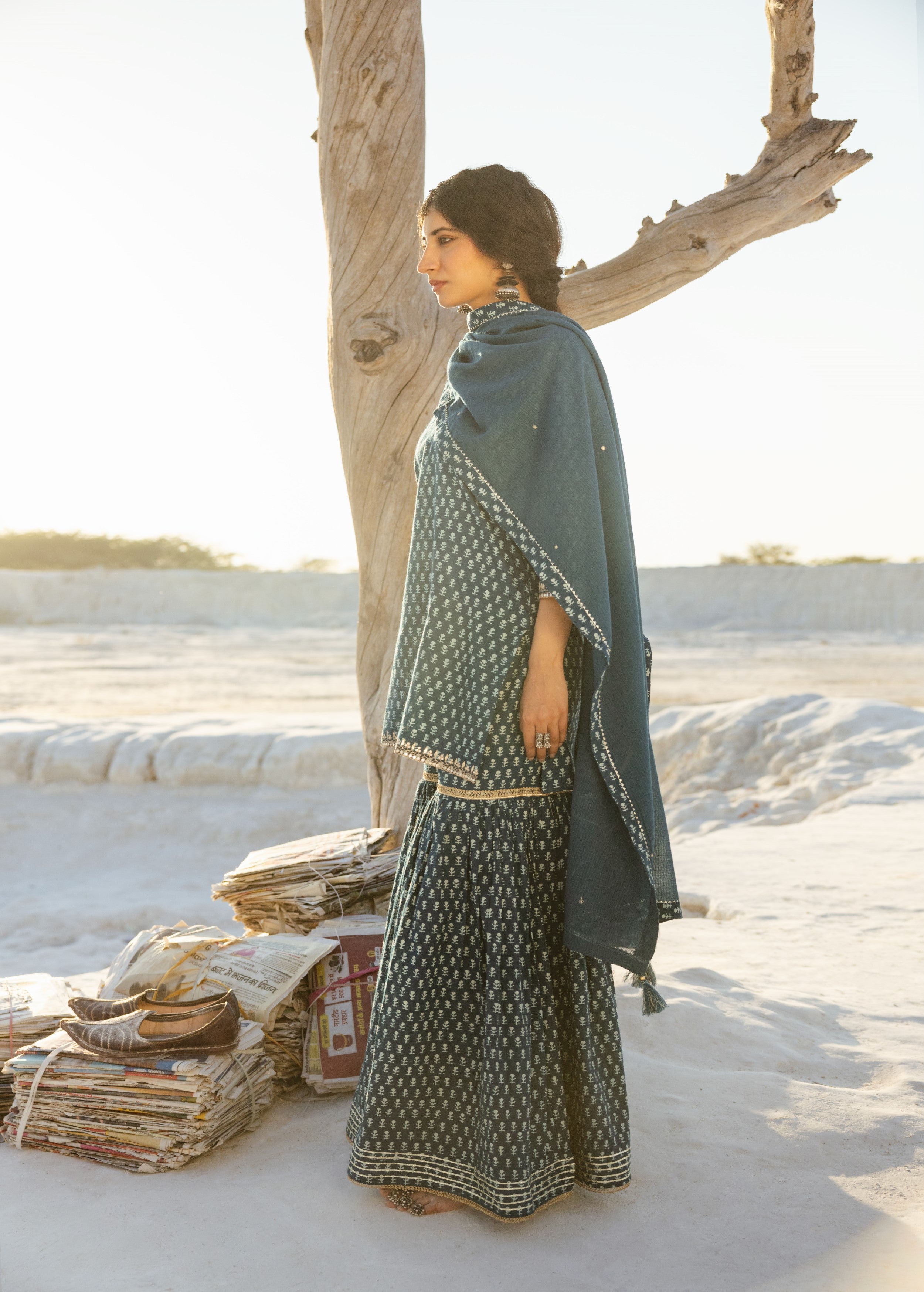 Teal Blue Block Printed Organic Cotton Sharara Set