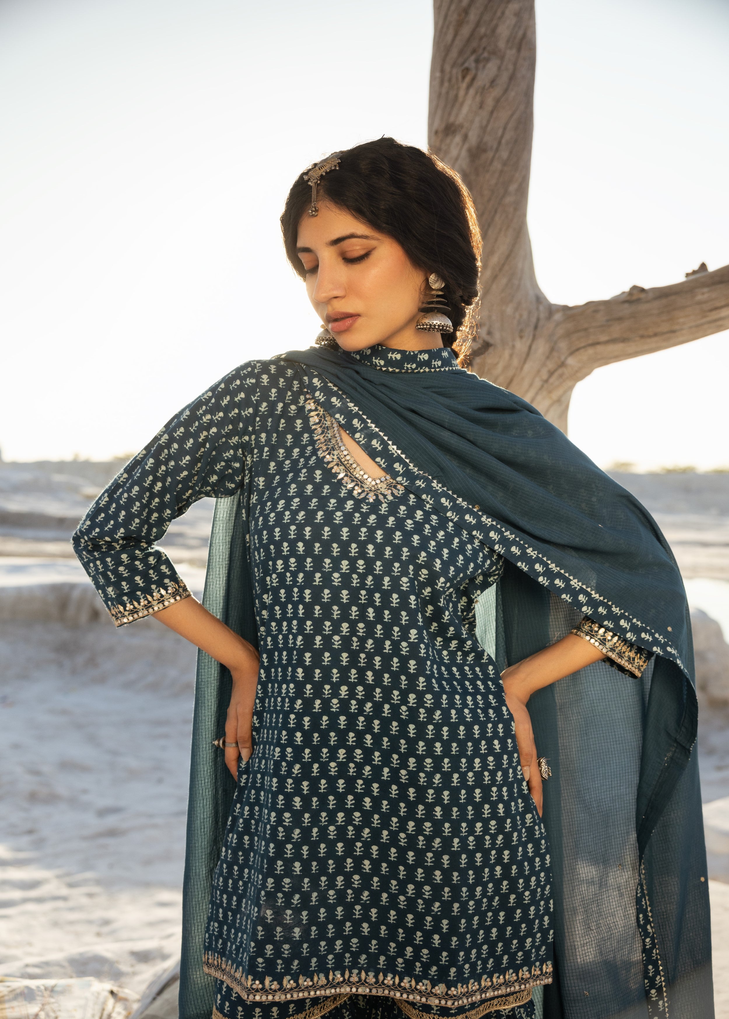 Teal Blue Block Printed Organic Cotton Sharara Set
