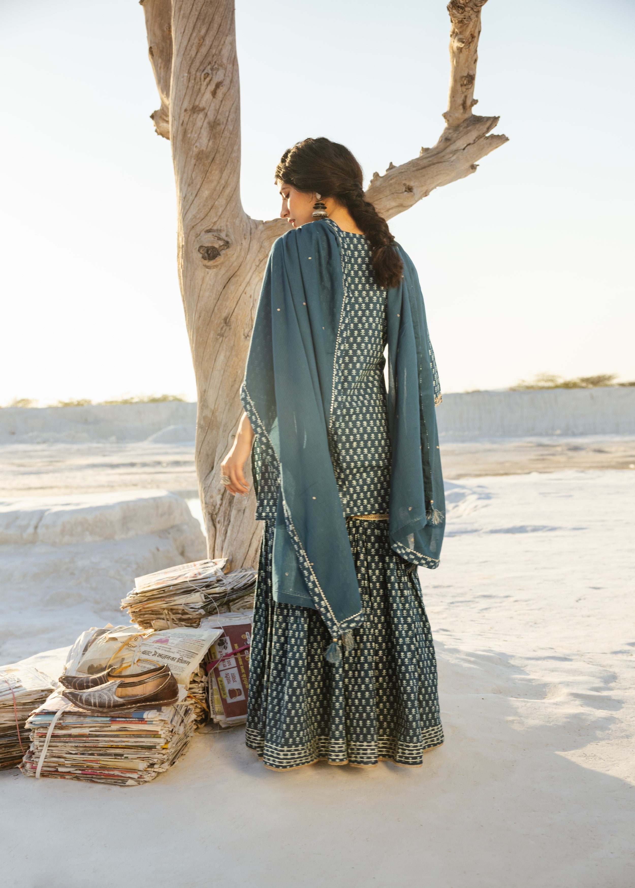 Teal Blue Block Printed Organic Cotton Sharara Set