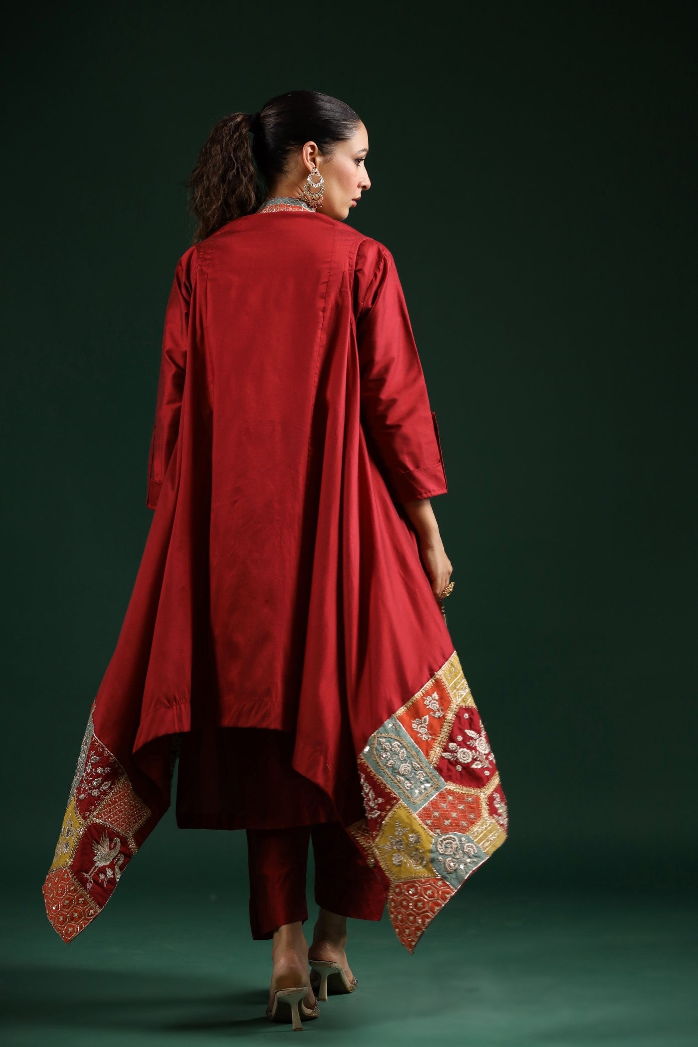 Maroon Ethnical Embroidered Dola Silk Cape Set