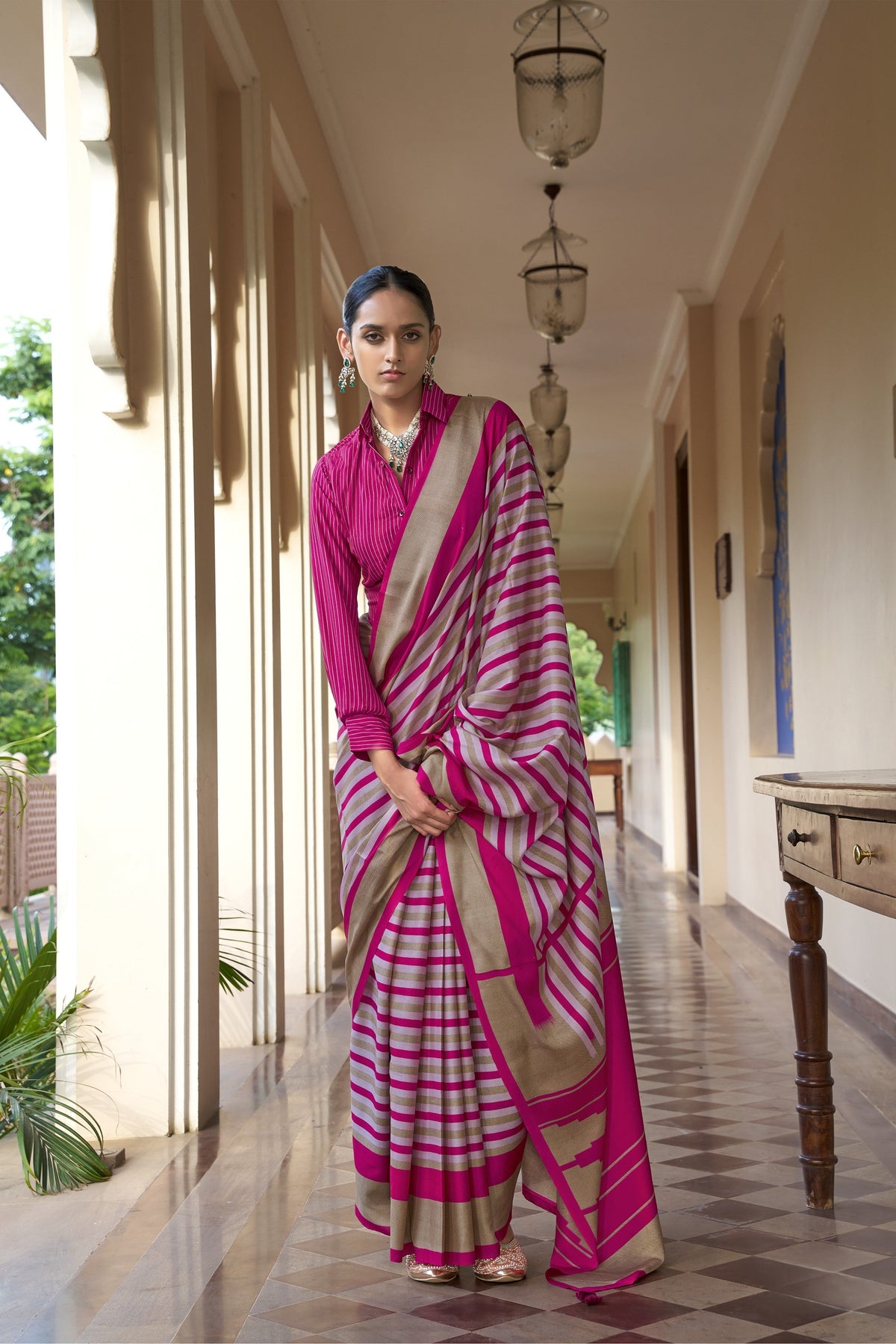 Magenta Pink Printed Crepe Silk Saree