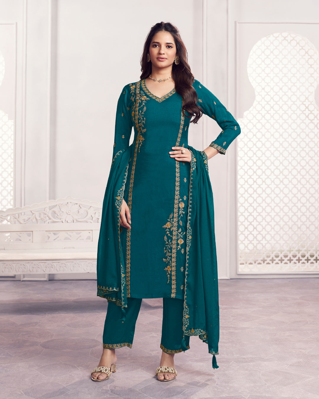 Peacock Charm Embellished Dola Silk Pant Set